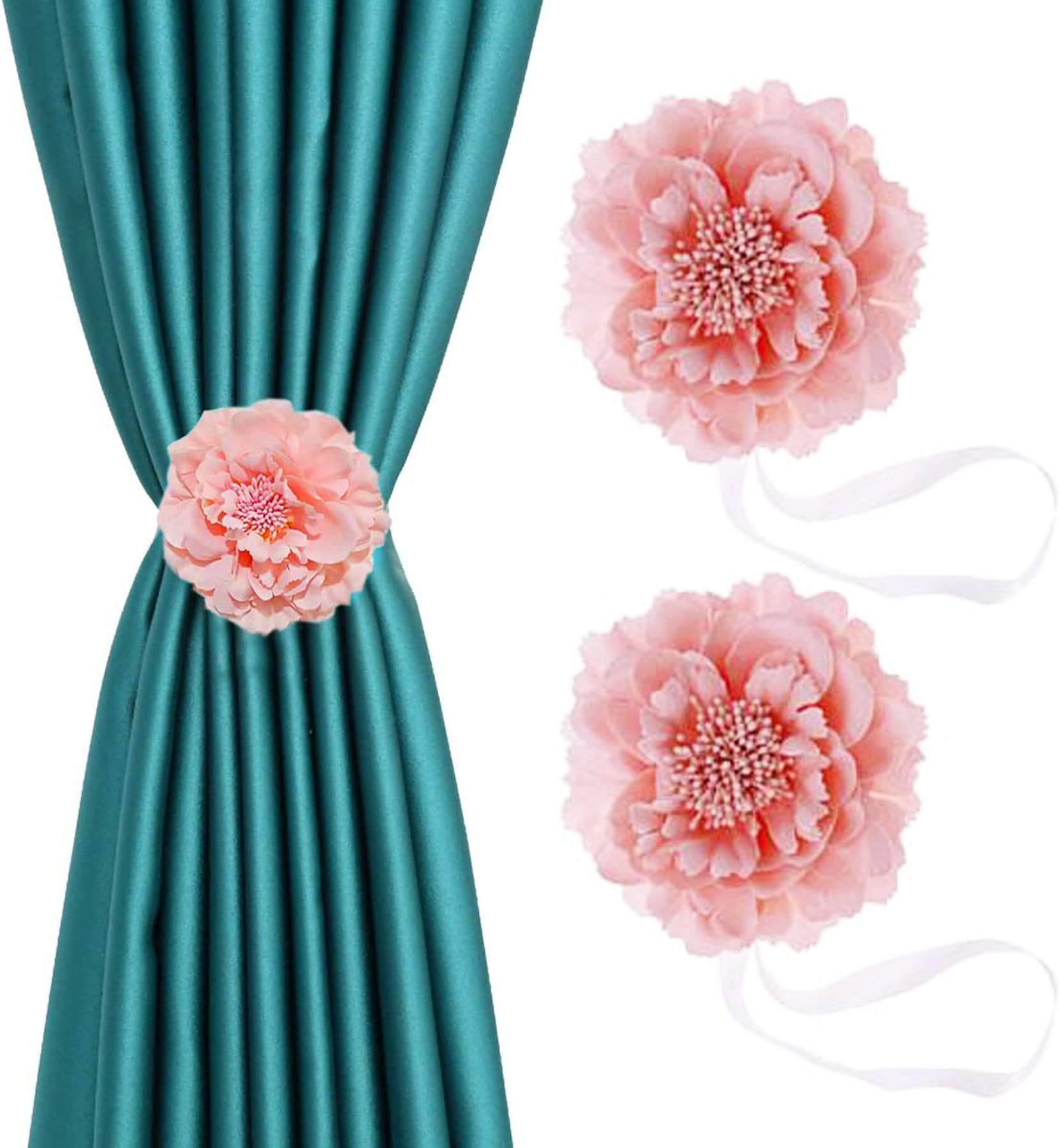YYC 1Pair Cloth Flower Magnetic Curtain Tieback Wedding Curtain Buckle Drapey Holder Girl's Room Decor (Pink)
