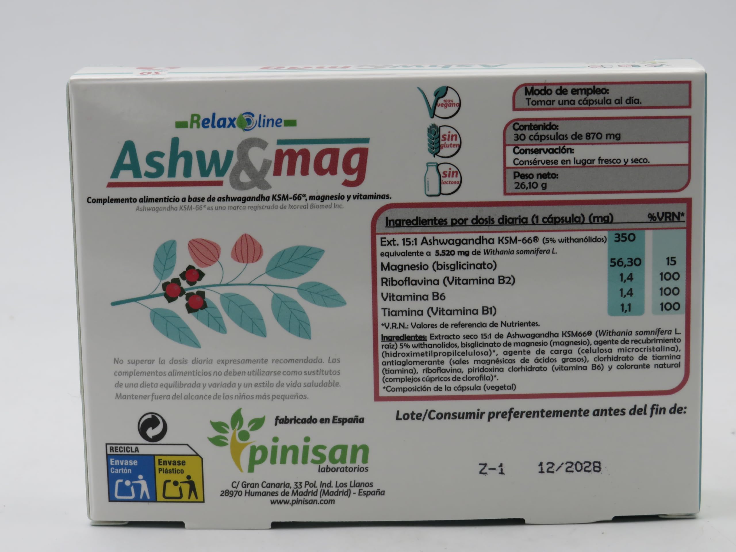 PINISAN Ashwagandha KSM-66® con Magnesio y Vitaminas B | Apoyo para Estrés y Bienestar Mental | Con Vitamina B1, B2 y B6 | Complemento Alimenticio | 30 Cápsulas