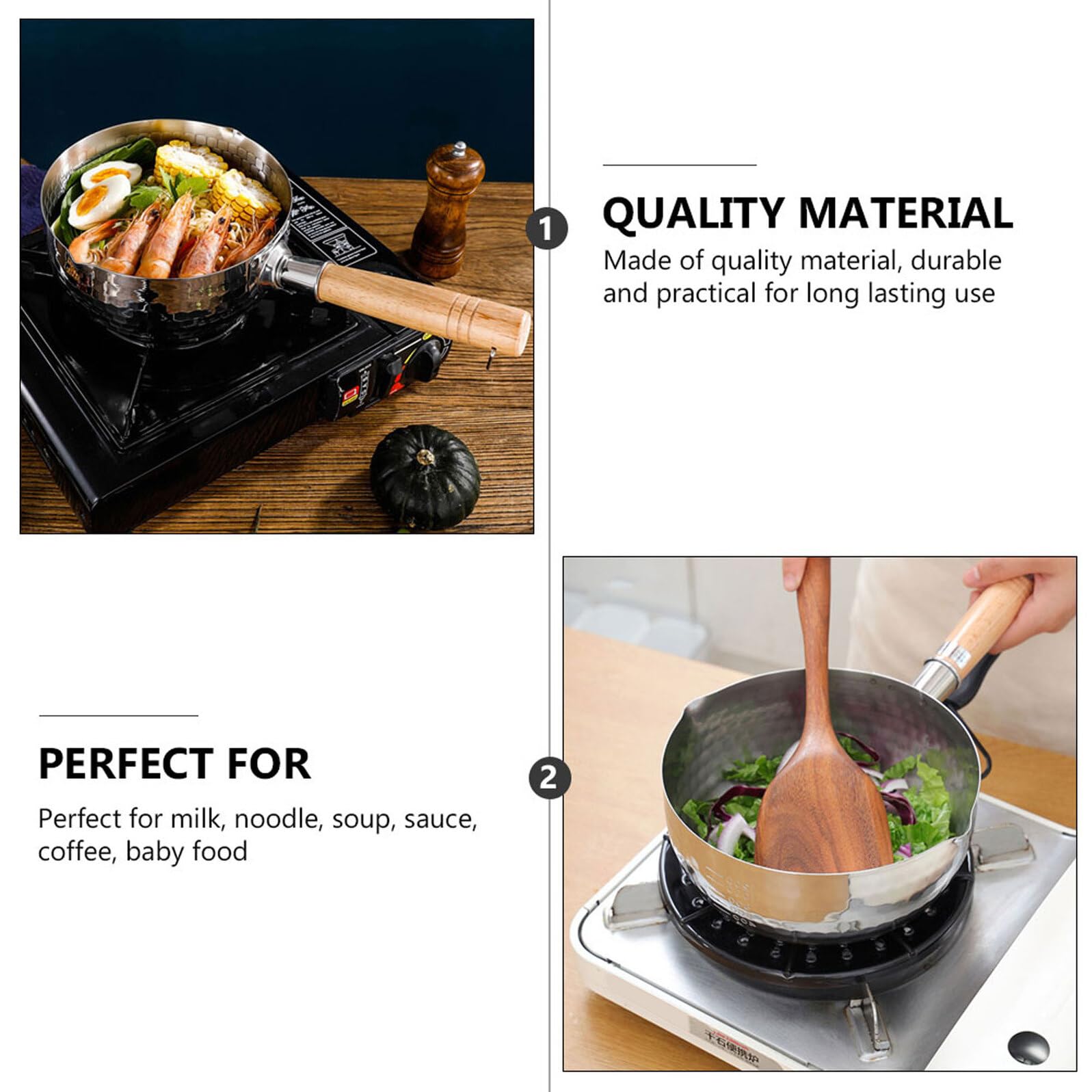 COLLBATH Pentola in Acciaio Inox Manico in Legno, per Latte e Alimenti per Bambini, Multiuso, Anello per Appendere, per Casa e Hotel