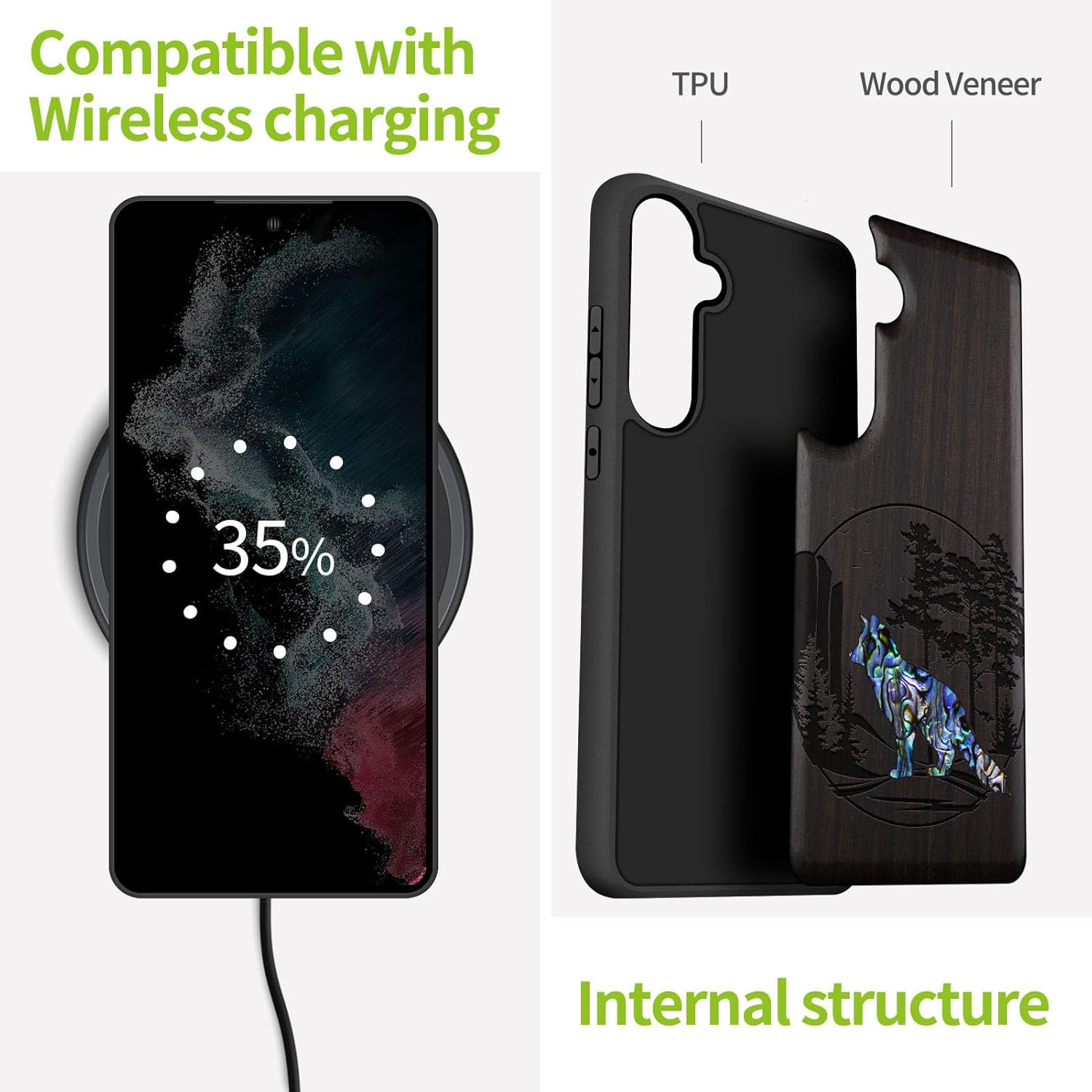 Carveit Designer Wooden Case for Samsung Galaxy S24 FE Case [Wood Engraving & Shell Inlay] Compatible with Wireless Chargers S24 FE Cover (Fox and Woods-Blackwood)