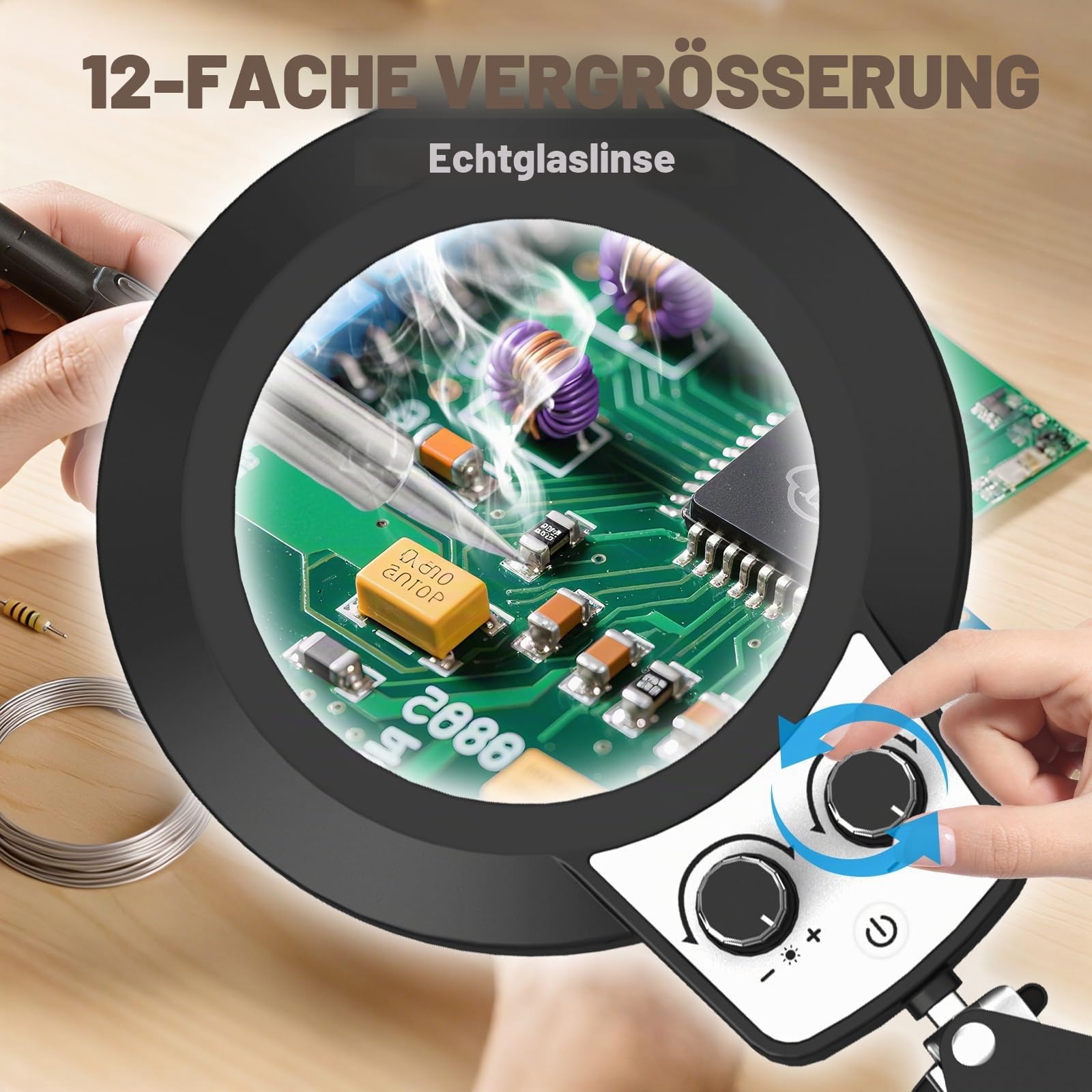 KIRKAS 12-fache Lupe mit Licht und Ständer, extra langer Armknopf | Lupenlampe für Werkbank, Handwerk, Nähen, LED-beleuchtete Lupe, Echtglaslinse, stufenloses Dimmen und Farbe (88,9 cm Klemme)