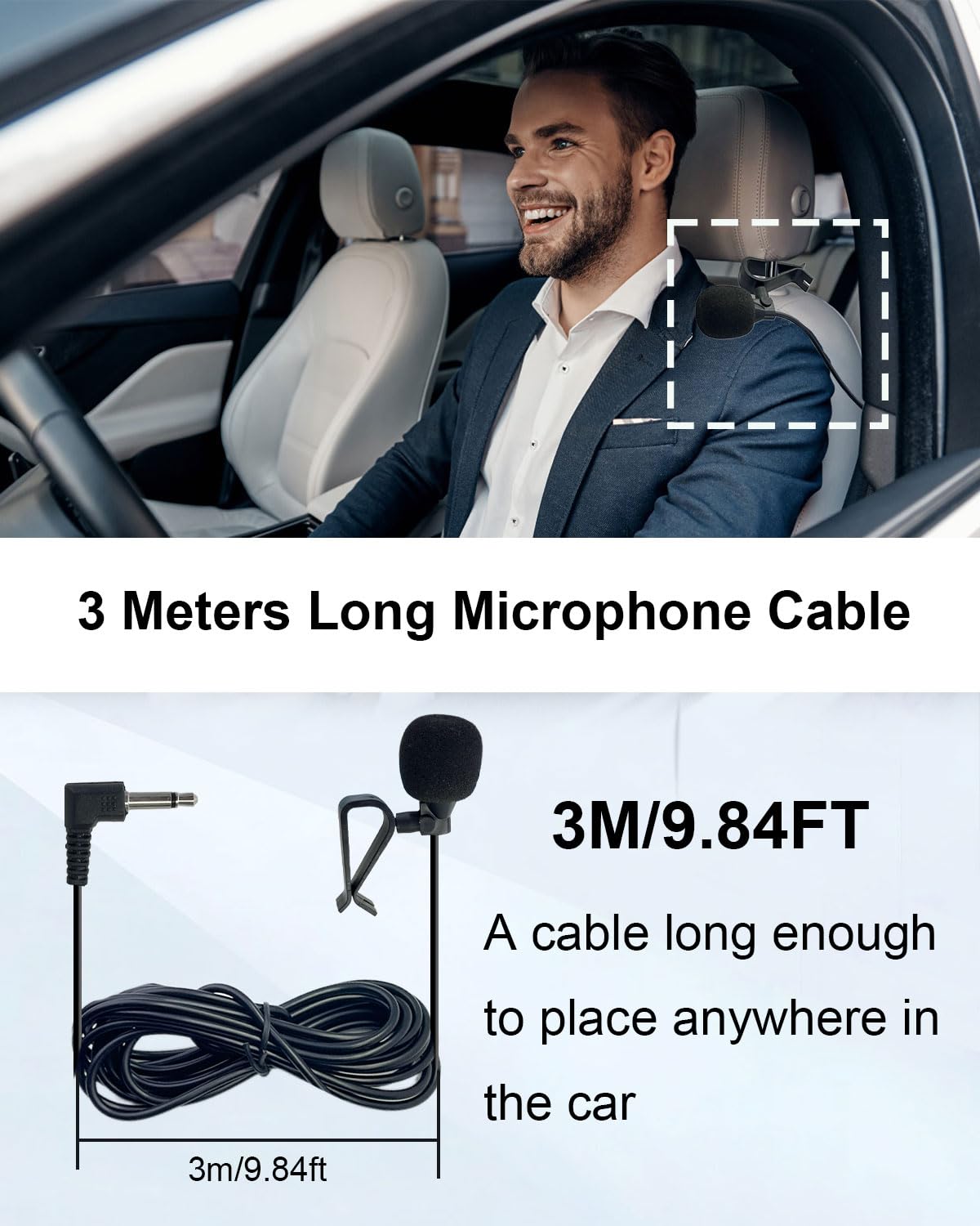 Micro coche (3,5 mm, externo, compatible con Sony Pioneer Kenwood JVC Alpine, Micro de repuesto para radio GPS DVD, cable de 3 m con adaptador de 3,5 mm a 2,5 mm — view 2