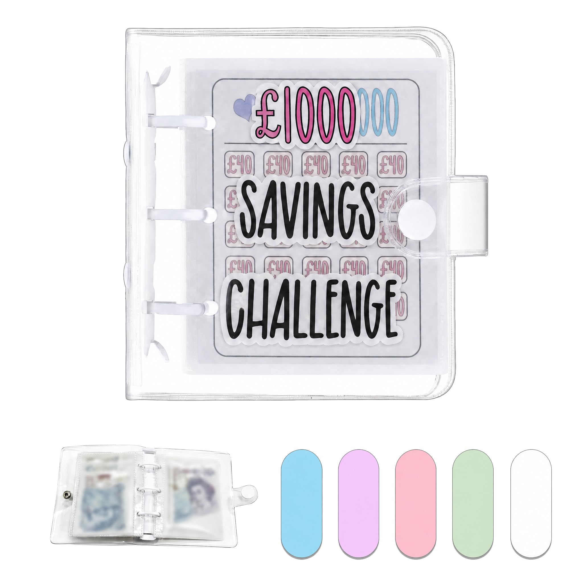 Dreamplay Mini Money Saving Binder, $1000 Money Saving Challenge Book Budget Binder with Envelopes Portable Deposit Anytime Anywhere (White)