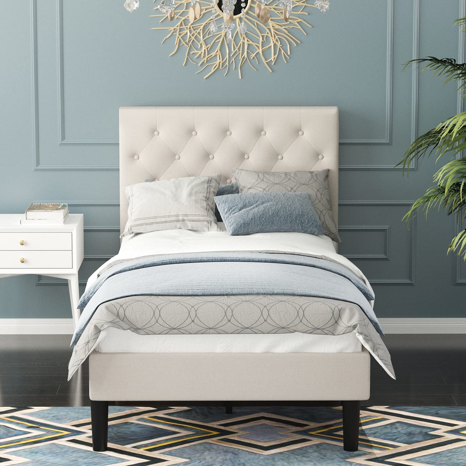 Amazon.com: Catrimown Twin Size Bed Frames with Headboard, Platform  Upholstered Linen Fabric Button Square Stitched Headboard, No Box Spring  Needed, Steel Slat Support, Easy Assembly, Beige : Home & Kitchen