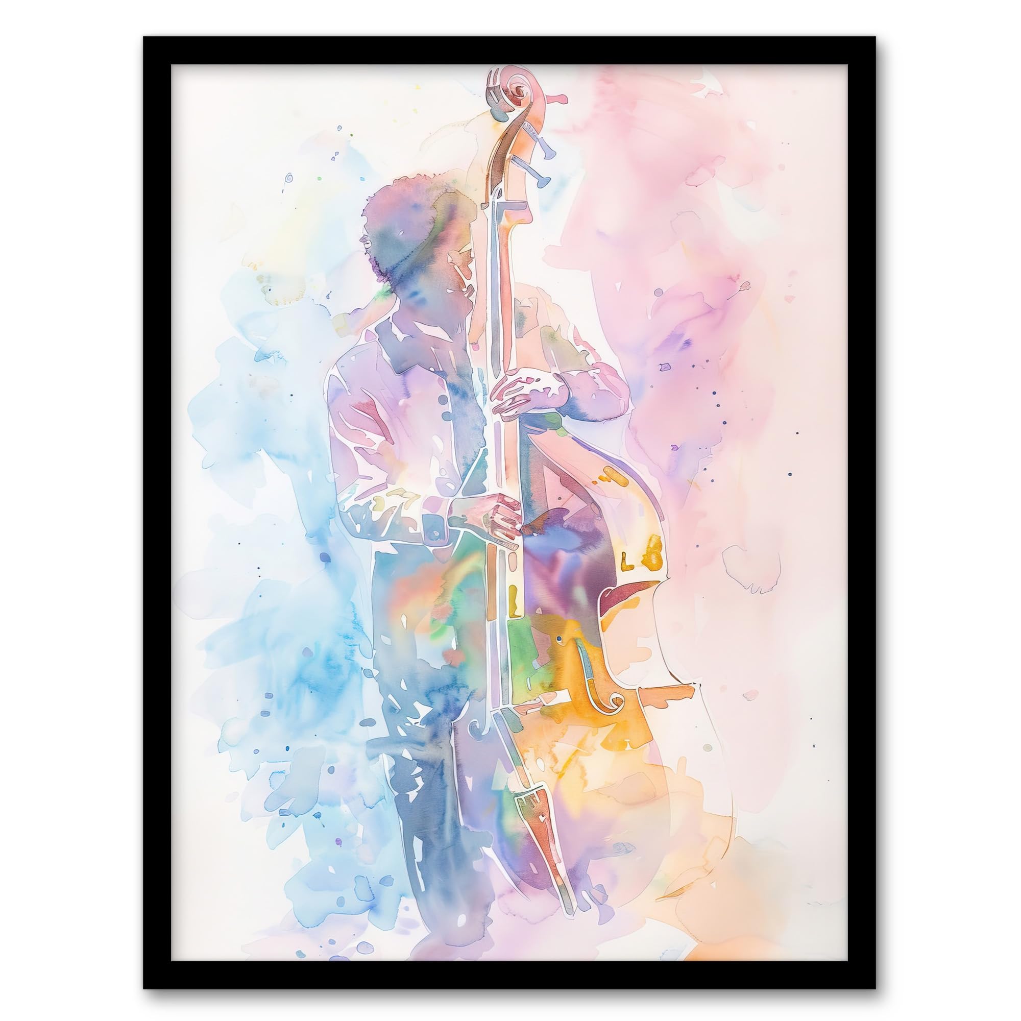 Artery8 Double Bassist Jazz Musician Light Watercolour Living Room Artwork Framed Wall Art Print 18X24 Inch
