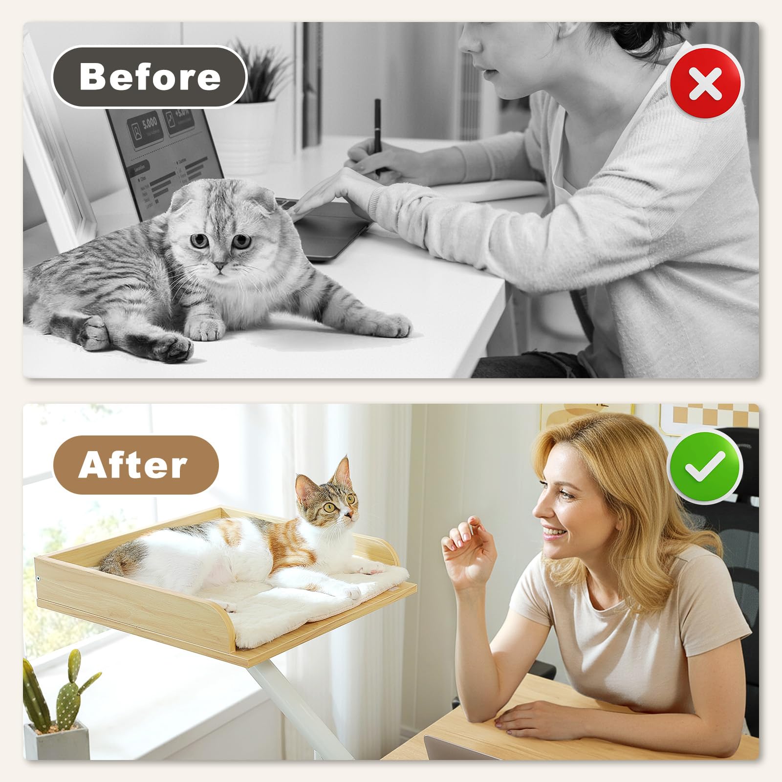 PAWZ Road Cama para gatos para escritorio, cama de madera para gatos, cesta para gatos, cesta para gatos giratoria 360° y altura ajustable, hamaca para gatos, para rascar, cama para gatos, soporta