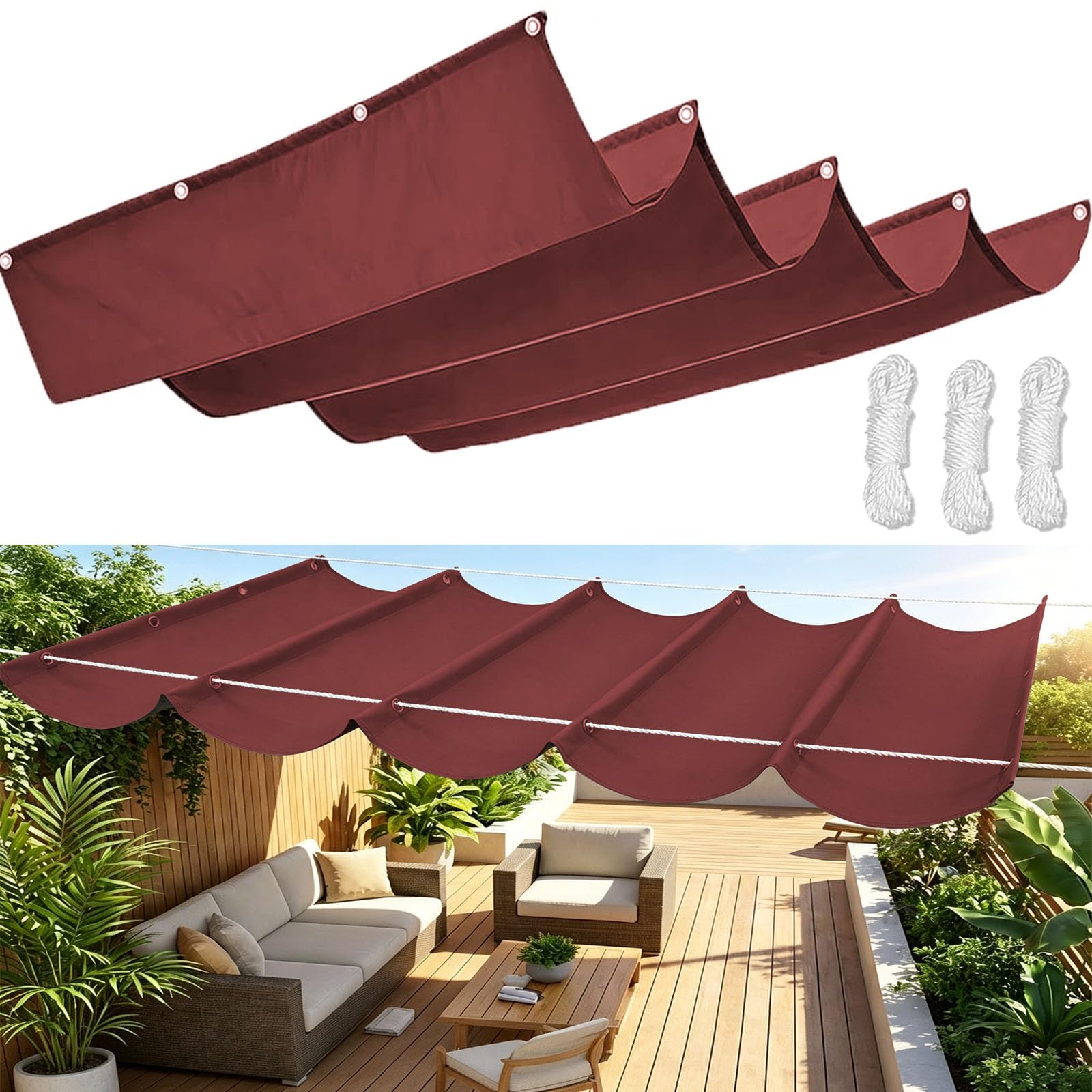 Retractable Wave Sun Shade Sail, Waterproof Sunscreen Awning Canopy UV Rays Blocking, Shade Sails for Garden Patio Pool Yard Party with Free Rope-Burgundy||50x200cm