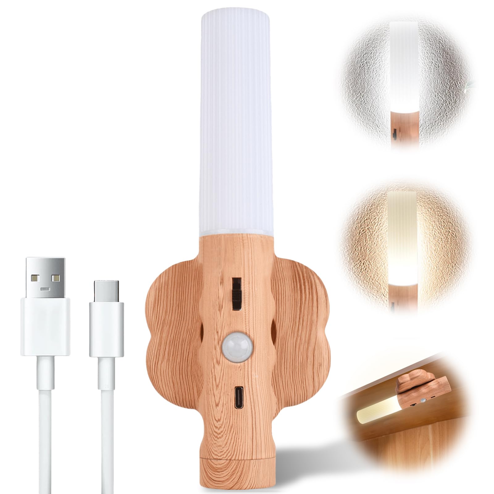 GOMETY Lámpara de Pared de Madera Recargable por USB, con Sensor de Movimiento, 19.8 cm x 8.6 cm x 3 cm, Color Madera