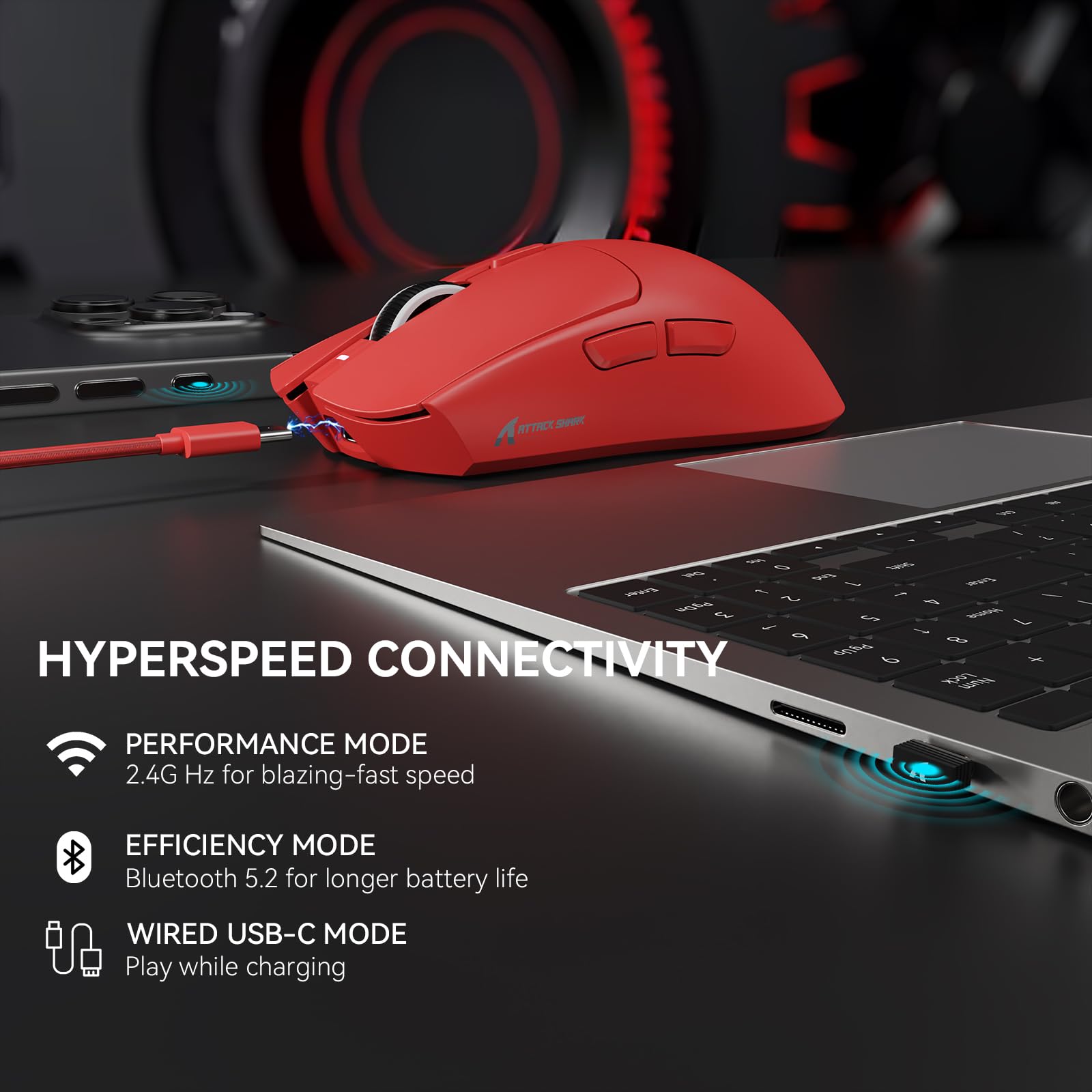 ATTACK SHARK Mouse para jogos X1 Superlight sem fio com base de