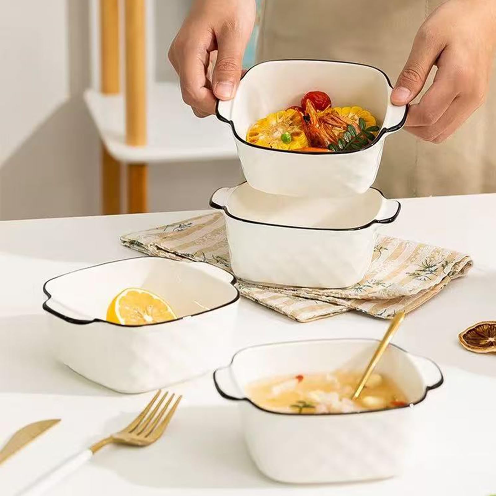 Lot de 4 plats de cuisson en céramique, plats pour four, 400 ml petit plat de cuisson pour friteuse à air, ustensiles de cuisson en céramique avec poignées, petit four, cocotte, petit pour lasagnes