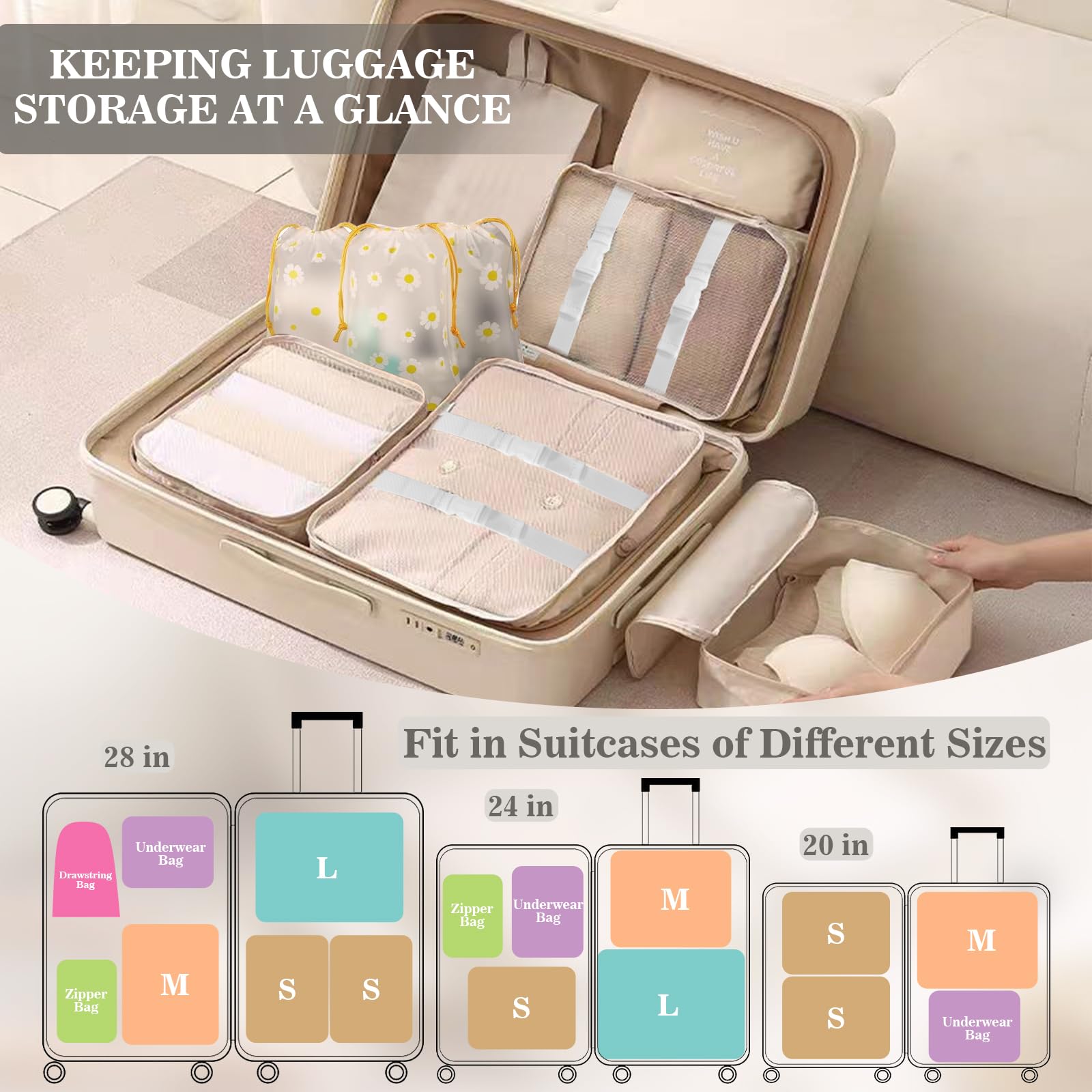 GIBOHOM Organizer Valigia, 15 Pezzi Set Organizer per Valigia, Packing Cubes per Vacanze e Viaggi, Divisori Valigia con Tasche Trasparenti, Beige