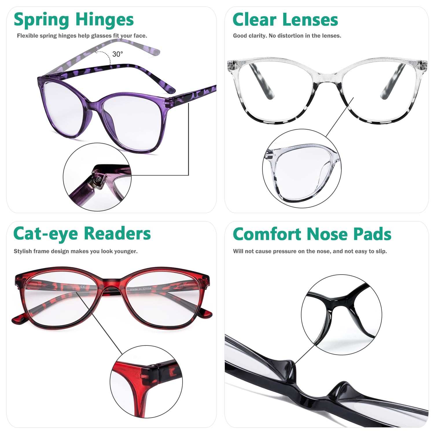 Fak Fak Long eye Brachycera　47mm(eye) Eyekepper 4 Pack Oversized Eyeglasses - Cat Eye Design Eyewears