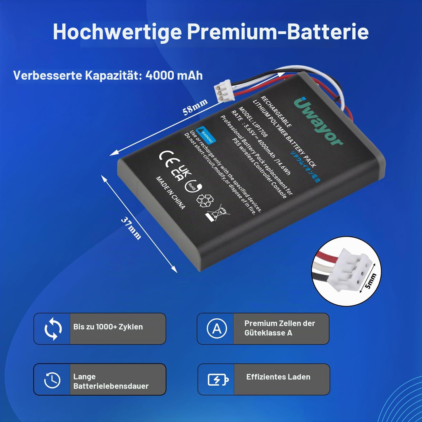 2 Pack 4000mAh Akku für PS5 Controller,LIP1708 Akku Ersatz für Sony PlayStation 5 DualSense CFI-ZCT1W Wireless Controlle