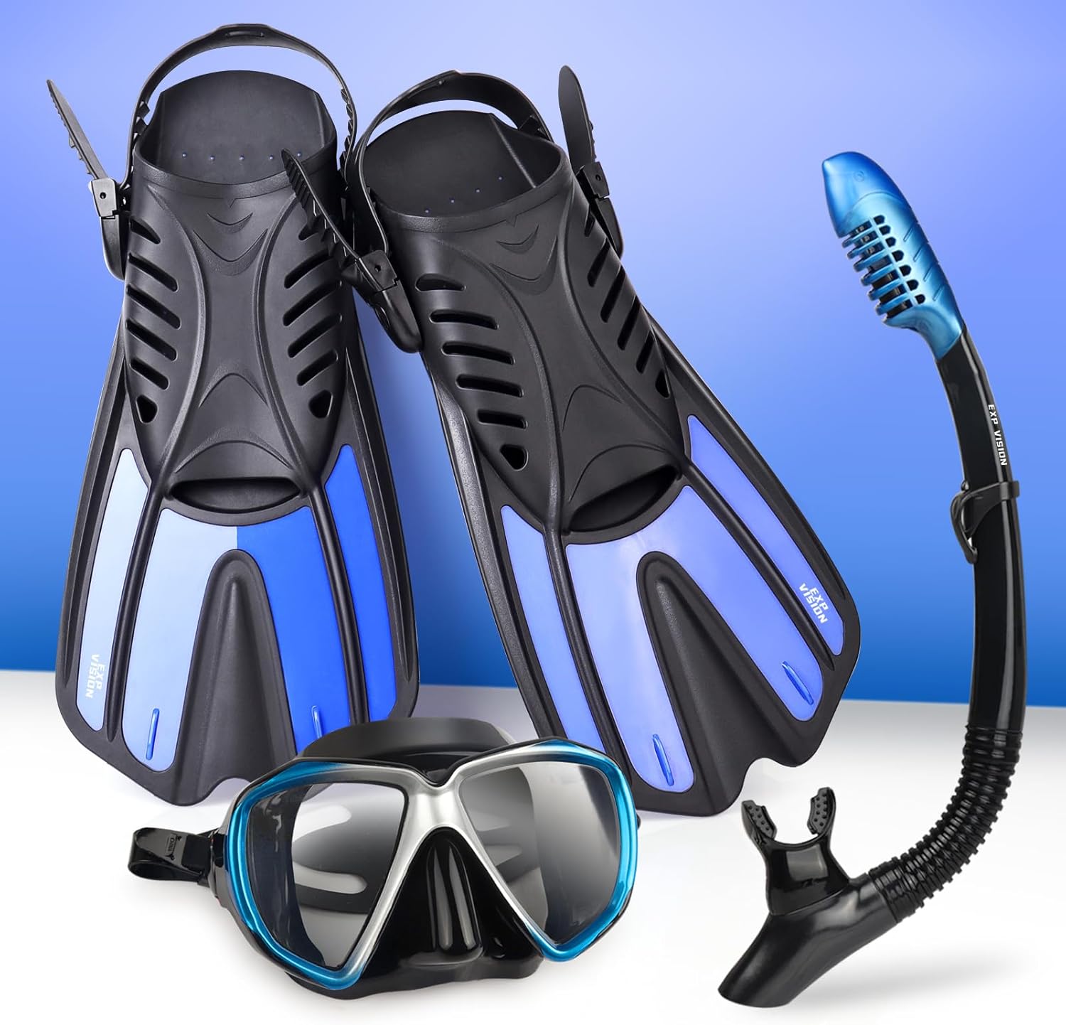 Mask Fin Snorkel Set with Adult Snorkeling Gear, 180°Anti-Fog Diving Mask Anti-Leak Dry Top Snorkel and Dive Flippers Diving Package for Snorkeling Swimming Scuba Diving Training
