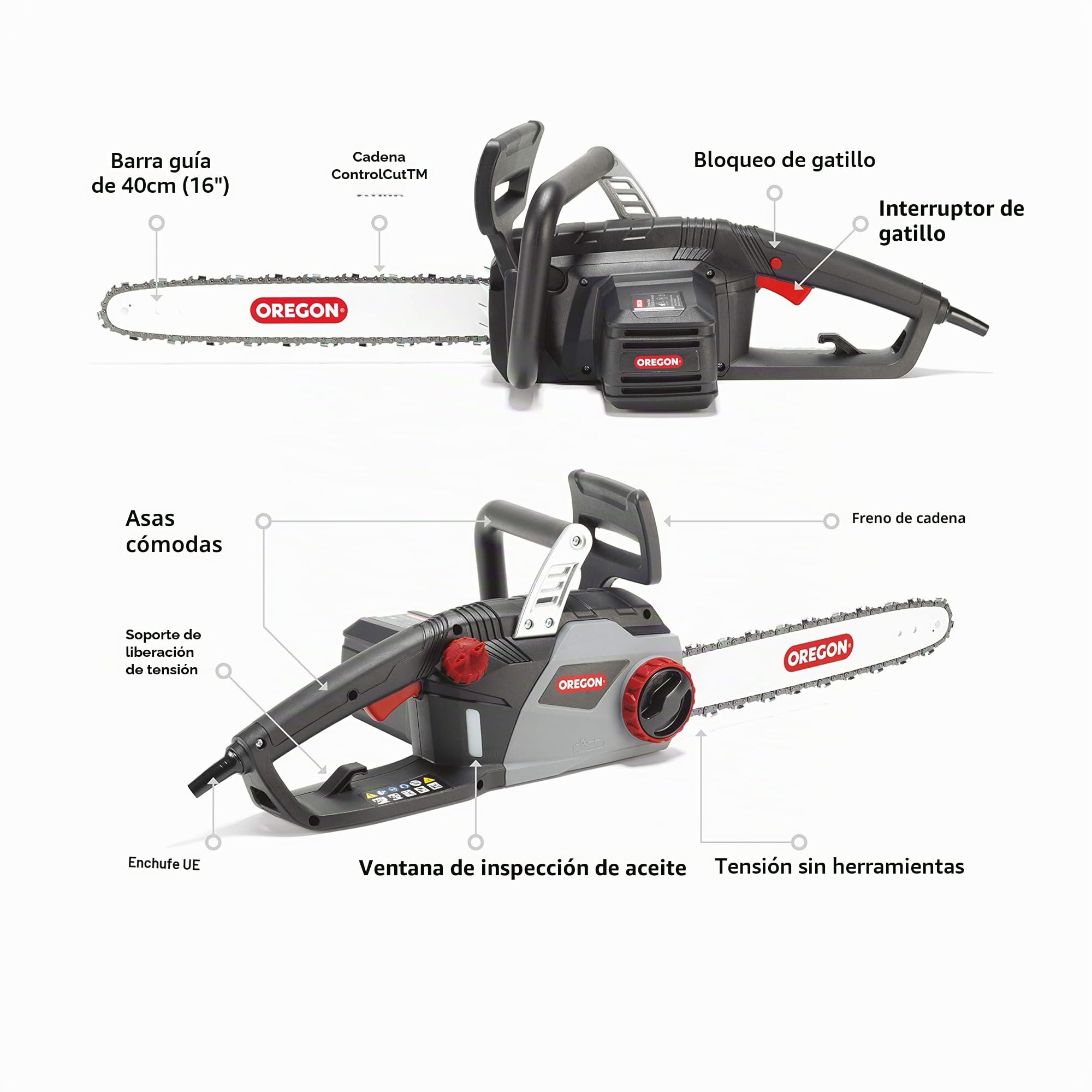 Oregon Motosierra Eléctrica con Cable 2400W, Espada 40cm, Cadena ControlCut, Bajo Retroceso, Lubricación Automática, Ligera y Silenciosa, Garantía 3 Años (CS1400)