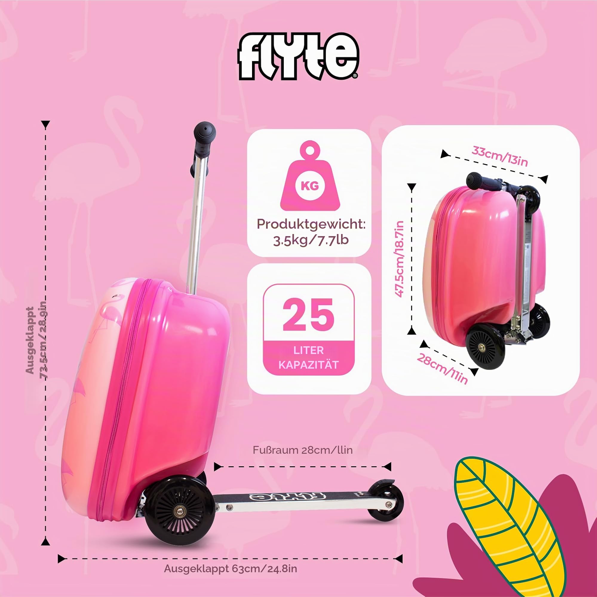 Flyte Scooter Koffer - 2-in-1, 45 cm Reisekoffer Kinder, 25 Liter Fassungsvermögen Kinderkoffer Handgepäck, Reisetasche Kinder mit Rollen, Hartschalenkoffer Kinderreisetasche