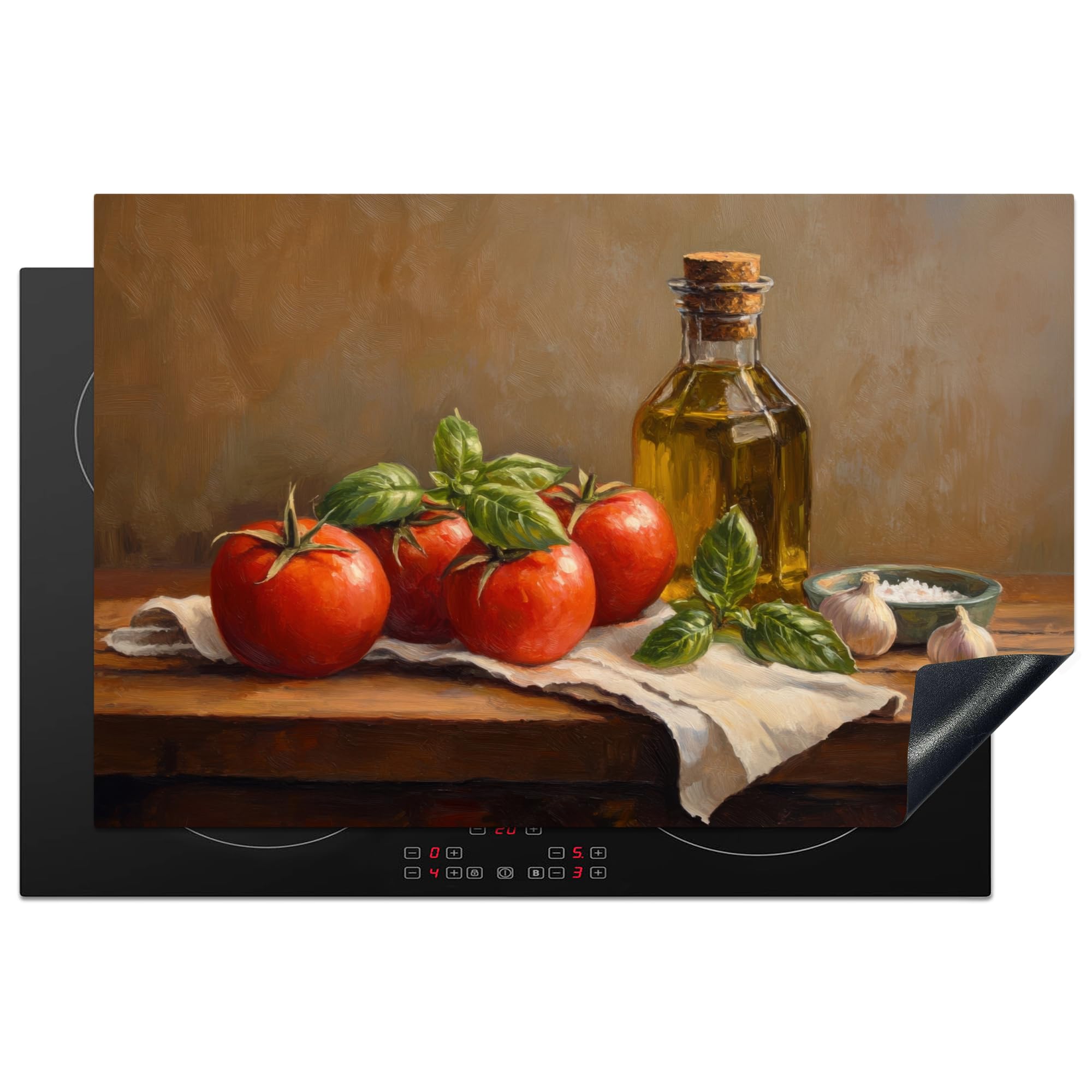 KitchenYeah© Induction Hob Protector Mat 20.5"x31.5" / 80x52 cm Stove Cap Top Cover Kitchen Cooker Covers for Electric Hobs Vinyl Tomatoes - Olive Oil - Still Life