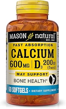MASON NATURAL Fast Absorption Calcium with Vitamin D3 - Strengthens Muscle Function, Supports Healthy Bones and Overall Health, 60 Softgels