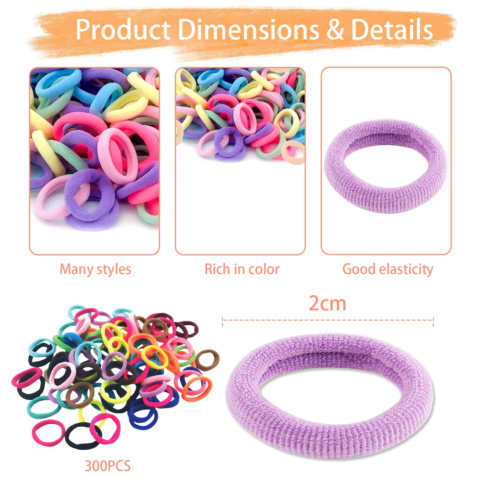 Kotkiddy 300 Stück Baby-Haargummis für Mädchen, 2.5 cm, 30 Farben elastisches Haar-Accessoire, kleine Nylon-Haarbänder für Kleinkinder, Pferdeschwanzhalter