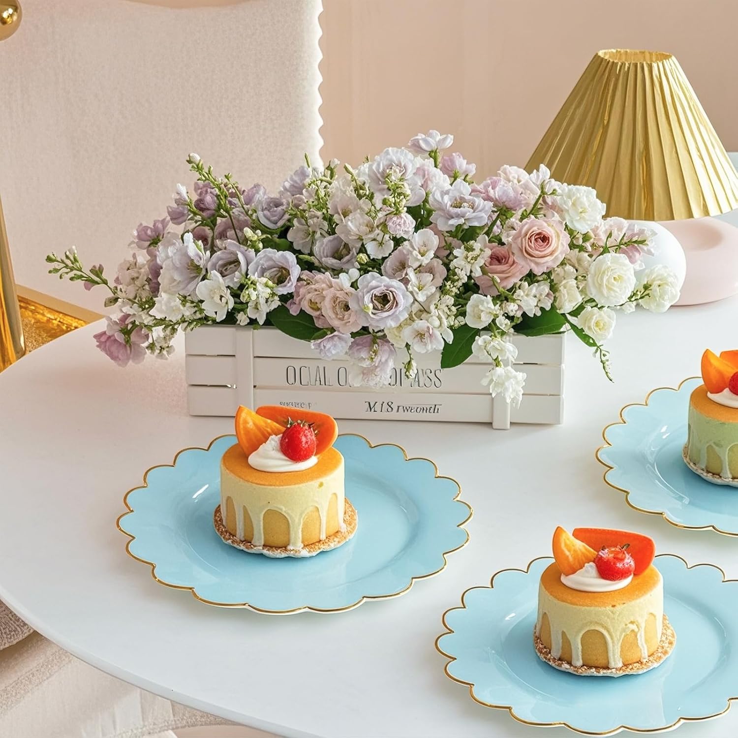 LIYH 100 Pcs Blue Plastic Plates - 7.5 Inch Scalloped Edges Disposable Dessert/Salad Plate- Blue with Gold Rim Premium Hard Appetizer Cake Plastic Plates for Party,Weddings,Bridal Shower - Image 6