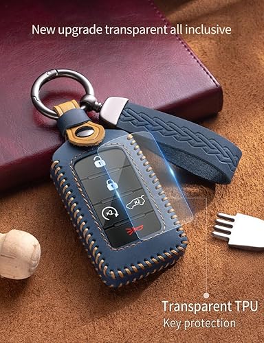 Miniatura 6 de YINEOR Funda de cuero para llavero de Jeep, protector de llavero inteligente compatible con Jeep Grand Cherokee L Grand Wagoneer 2021-2023 (azul)