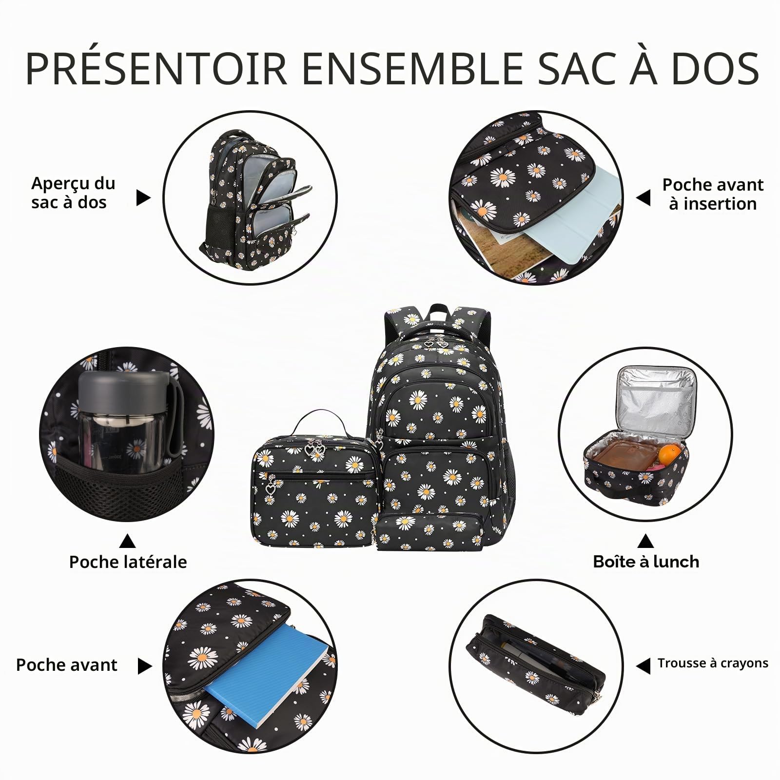 Ensemble de sac à dos imprimé Daisy 3 pièces résistant à l'eau, léger pour l'école secondaire, noir