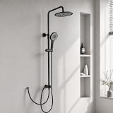 OFFO Colonna Doccia Senza Miscelatore, Asta Doccia Saliscendi con Soffione Rotonda 25x25cm e Doccetta 3 Getti, Asta Doccia Regolabile in Altezza 86-120cm, Tubo Acciaio Inox Antitorsione 1.6m, Nero - 1