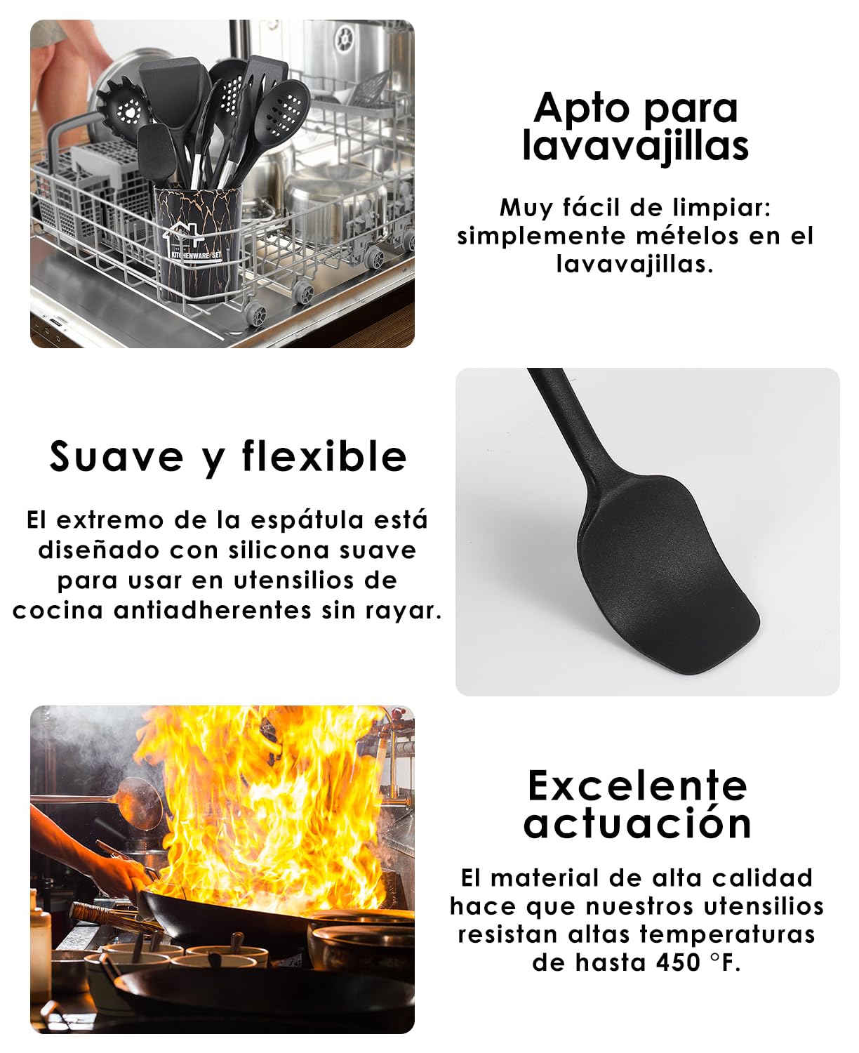 Utensilios de Cocina de Silicona 44 Piezas Juego de Utensilios Antiadherentes, Resistentes al Calor, Cucharas de Cocina Silicona, Cucharas de Drenaje, Negro