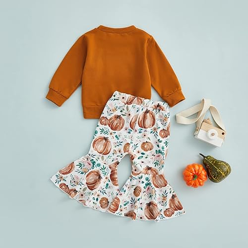 Vista 6 de Conjunto de sudadera con cuello redondo y estampado de pastel de calabaza para niña, camiseta y pantalones acampanados