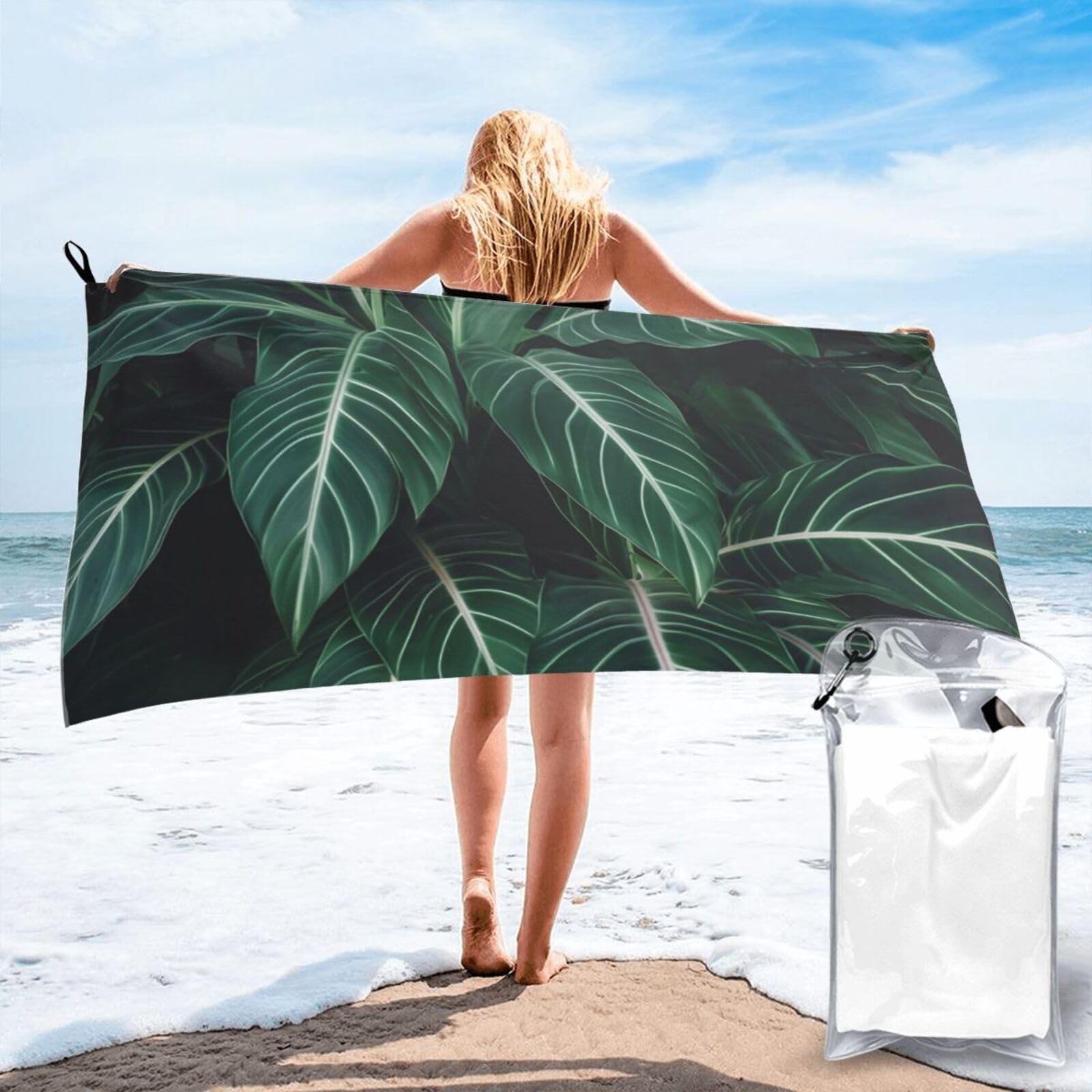 DWVTSLH Microfiber Sand Free Beach Towel 31.5"x63", Quick Dry Absorbent Travel Towel Large Camping Blanket, Green Long Leaves Bath Towels Lightweight Pool Swim Towels for Vacation Essentials