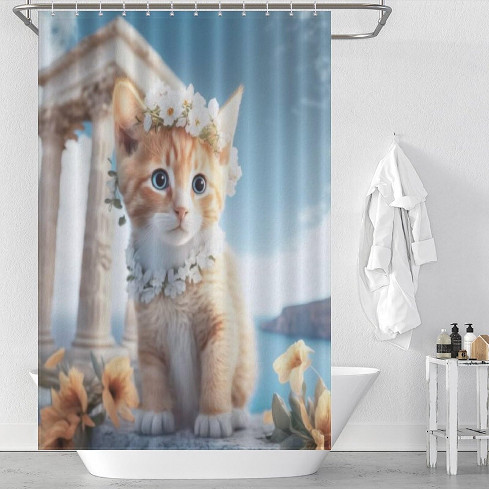 Rideau de douche chat mignon anti-moisissure et imperméable pour baignoire