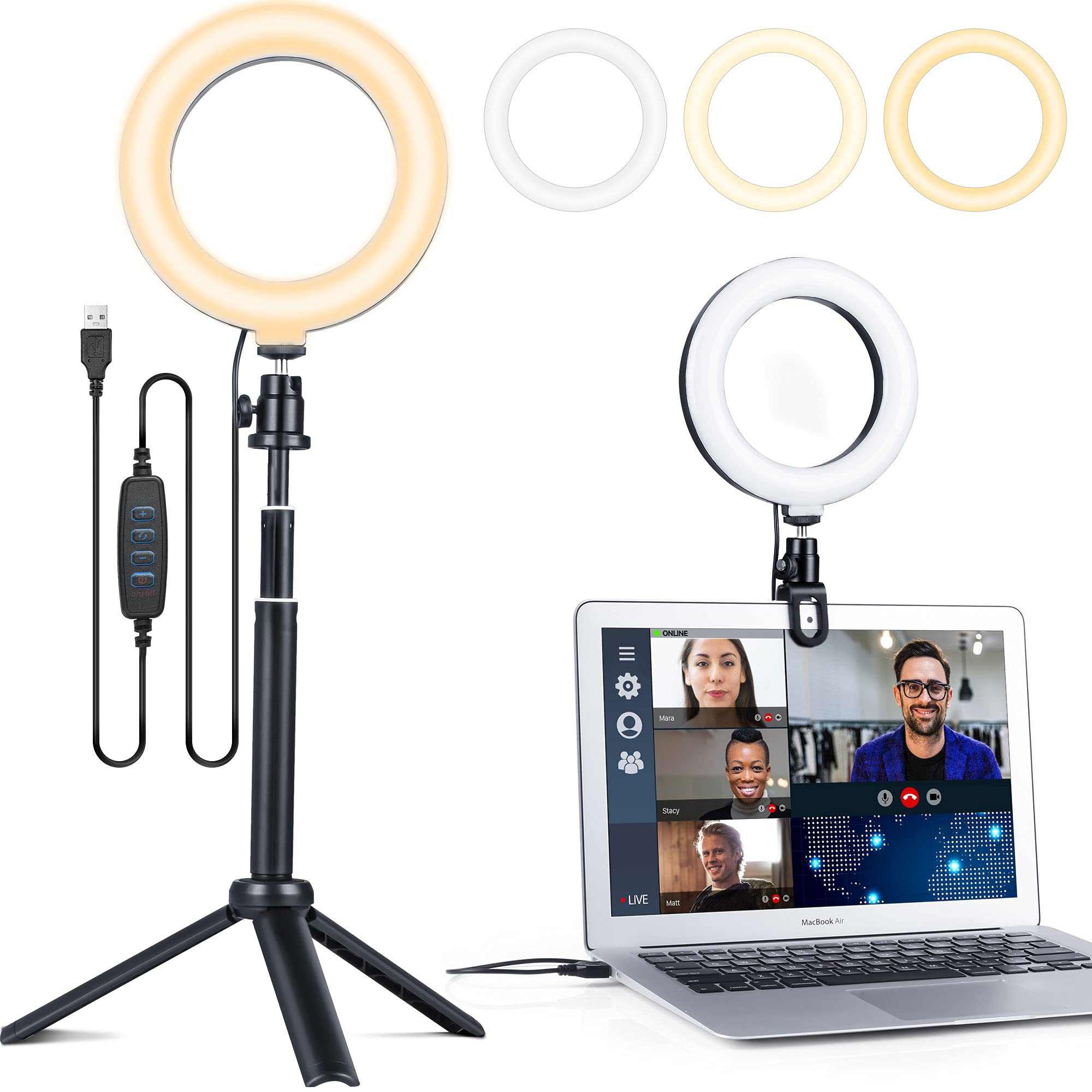 Video Conference Lighting Kit Ring Light for Computer Laptop with Tripod 3 Dimmable Color & USB Powered for Zoom Lighting/Remote Working/Webcam Chat/Makeup/Self Broadcasting and Live Streaming