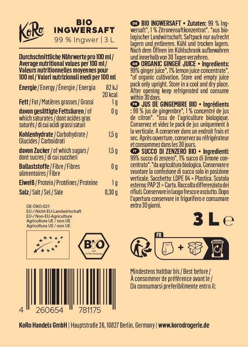KoRo - Pur Jus de Gingembre Bio et Organique - Bag-in-Box 3 L, Sans Sucre Ajouté, Sans Colorant ni Conservateur, Riche en vitamine C