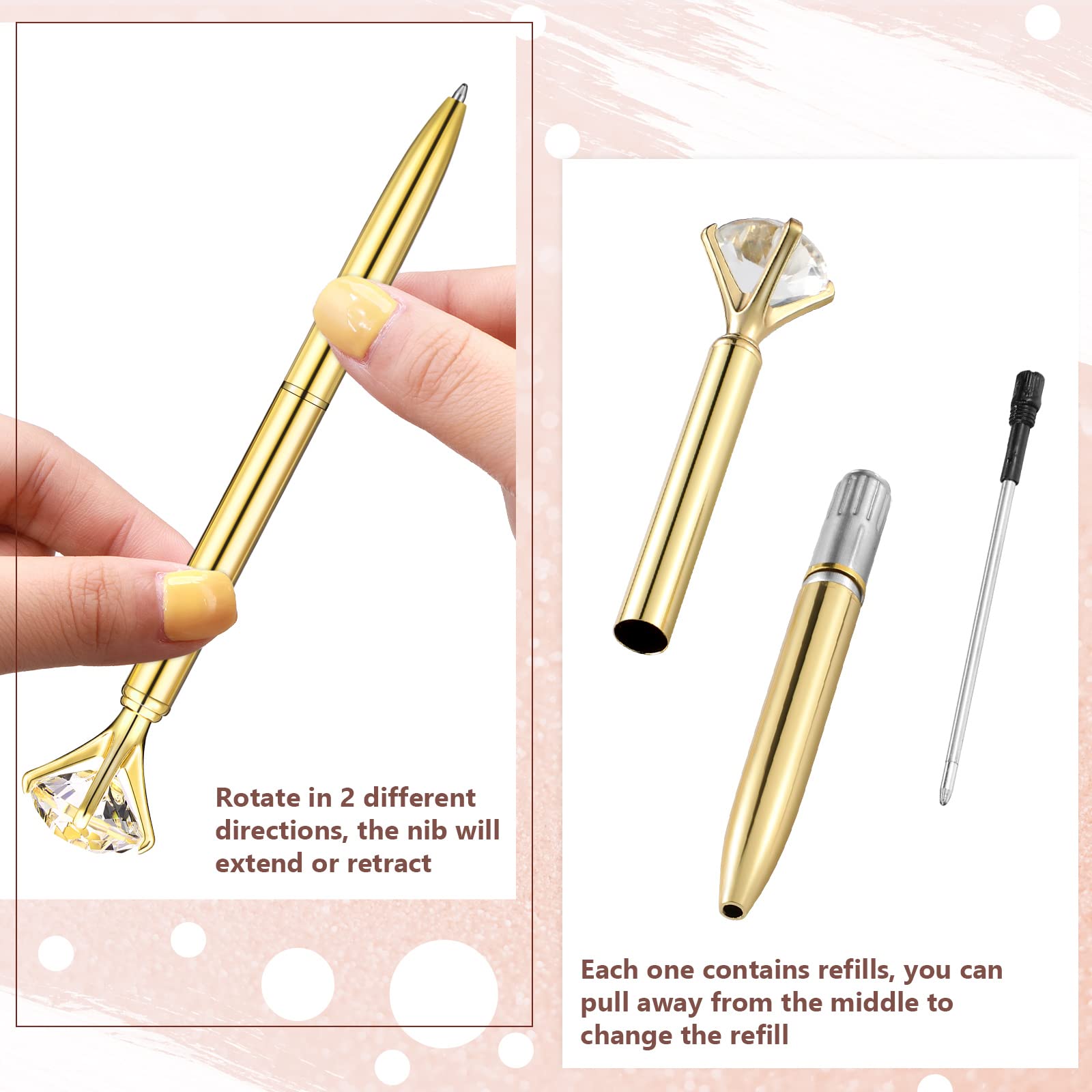 Lot de 50 stylos à bille en métal avec strass et encre noire, jolis stylos de mariage, pour bureau et école (doré)