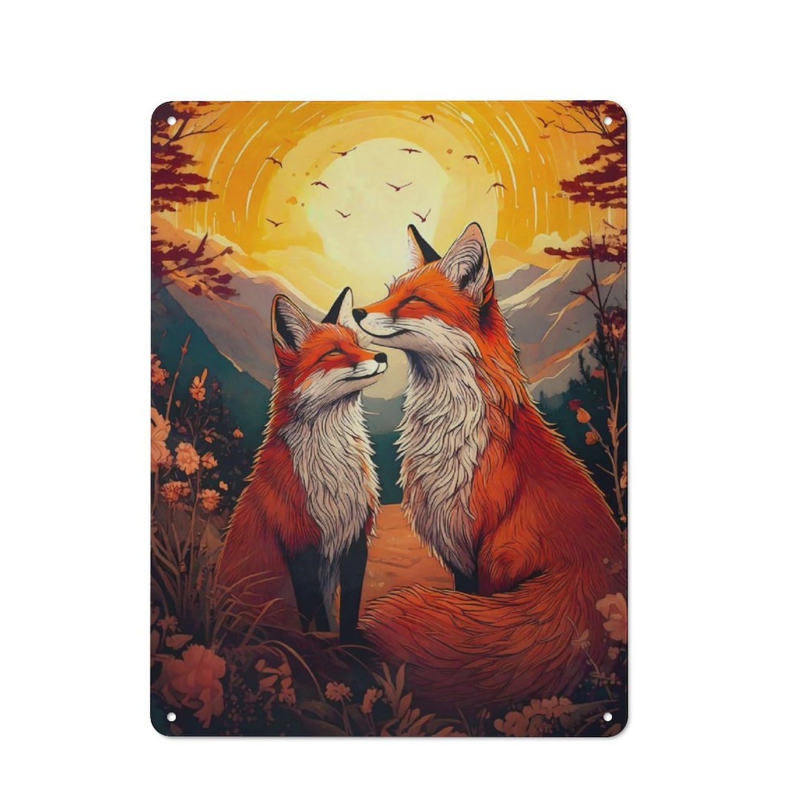 Junmoney Fox Couple Sunset Tin Wall Plaque 40X30cm With For Hobby Room Or Studio, For Metal Sign Collectors, For Kitchen And Home Bar Decor