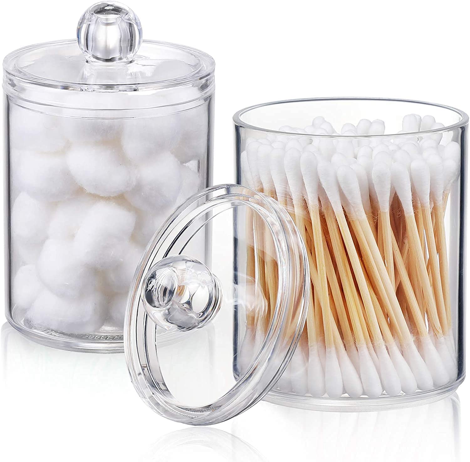 ISHWANKU Qtip Holder Dispenser for Cotton Ball, Swab, Round Pads, Floss - Clear Plastic Apothecary Jar Set for Bathroom Canister Storage Organization, Vanity Makeup Organizer