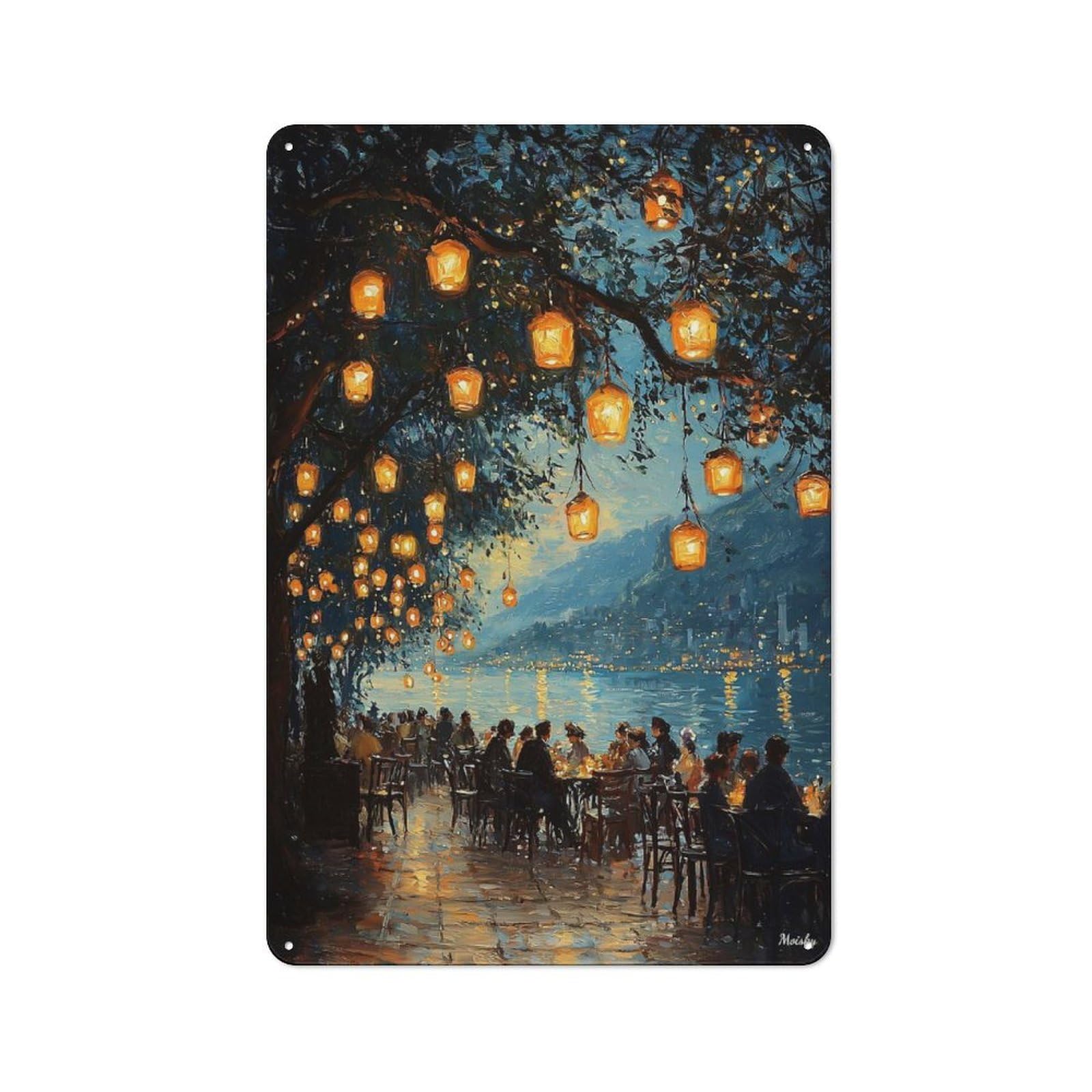 Junmoney Impressionist Inspired Lakeside Lantern Eveni Retro Retro Metal Sign 30X20cm Featuring Ng, Garage Wall Decor For Garage, Hobby Room, Office Or Man Cave