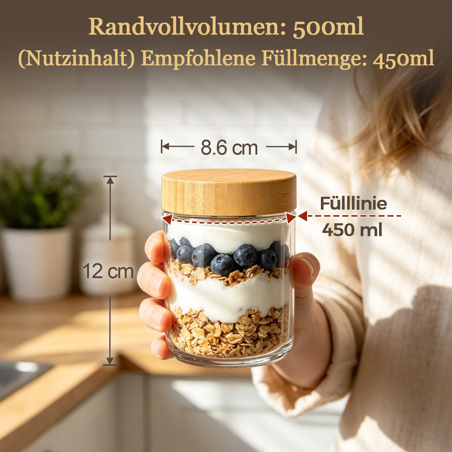 ComSaf Szklane Kubki na Musli 500 ml 4 szt. z Bambusowymi Pokrywkami | Na jogurt i owsiankę, granola, owoce, orzechy, śniadanie na wynos, do pracy, szkoły, na piknik, w podróż, domowe posiłki