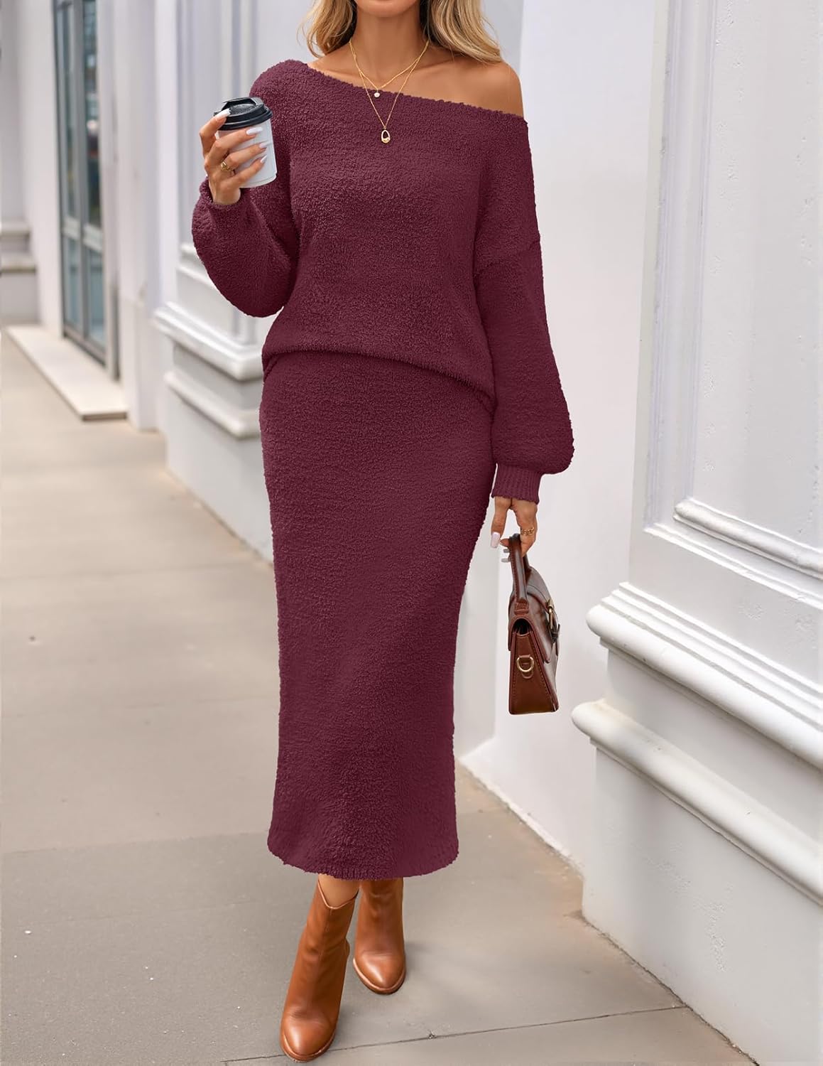MEROKEETY Women's Fuzzy 2 Piece Outfit Winter Long Sleeve Off Shoulder Pullover Top Midi Skirt Matching Lounge Sets - Image 3