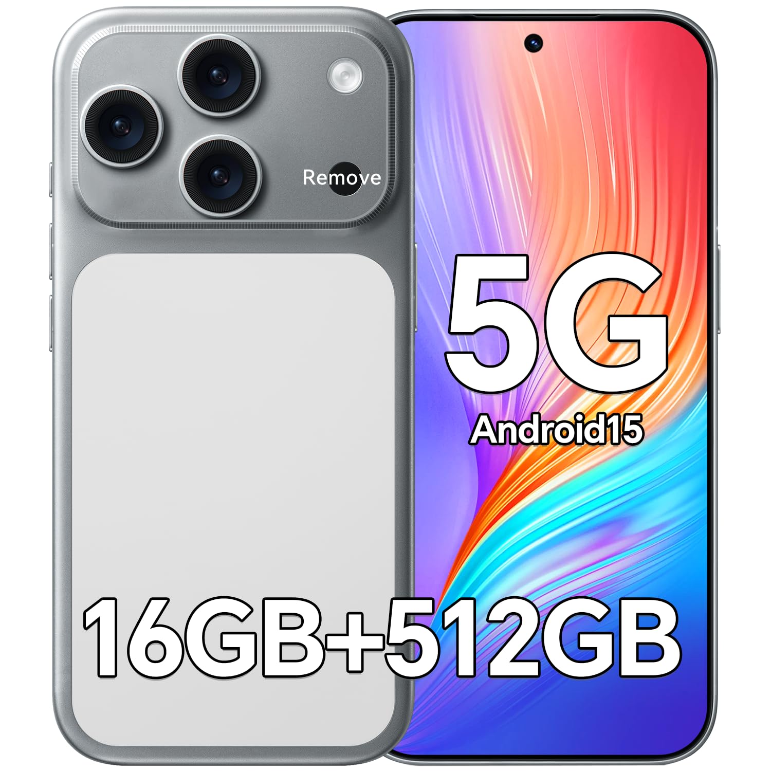 SEMIYUUKEE D17 Ultra Unlocked Cell Phones,5G Android 15 Unlocked Phones with 5000mAh Battery,Snapdragon888, 32+104MP Camera,16GB+512GB Smartphone, 6.9“ HD Screen, Dual SIM+Memory Expansion,Silvery