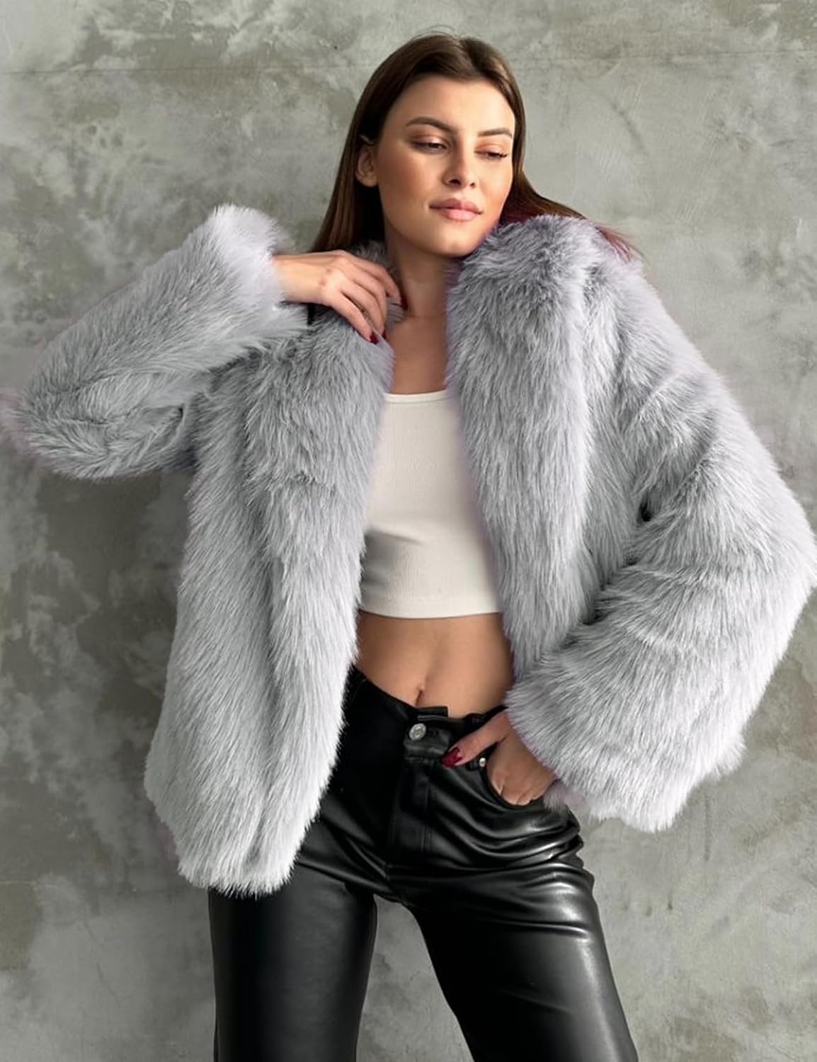 Flygo Women's Faux Fur Coat Fluffy Faux Fur Jacket Long Sleeve Lapel Furry Winter Jackets Shaggy Parka Short Coat - Image 4