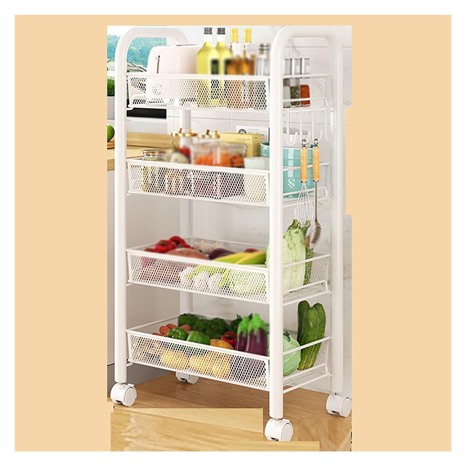 METTEOR Snack Storage Rack,4-Tier Fruit Basket Organizer and Storage Cart, Vegetables Bread Produce Display Stand on Wheels for Kitchen Living room Closet Store (White 44 * 27 * 84CM)