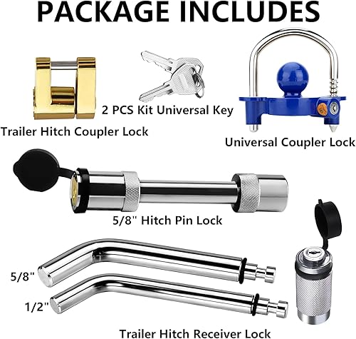 Miniatura 4 de Funmit Juego de cerraduras de enganche de remolque con 2 llaves, incluyendo cerradura universal azul para remolque, 2 cerraduras de enganche de