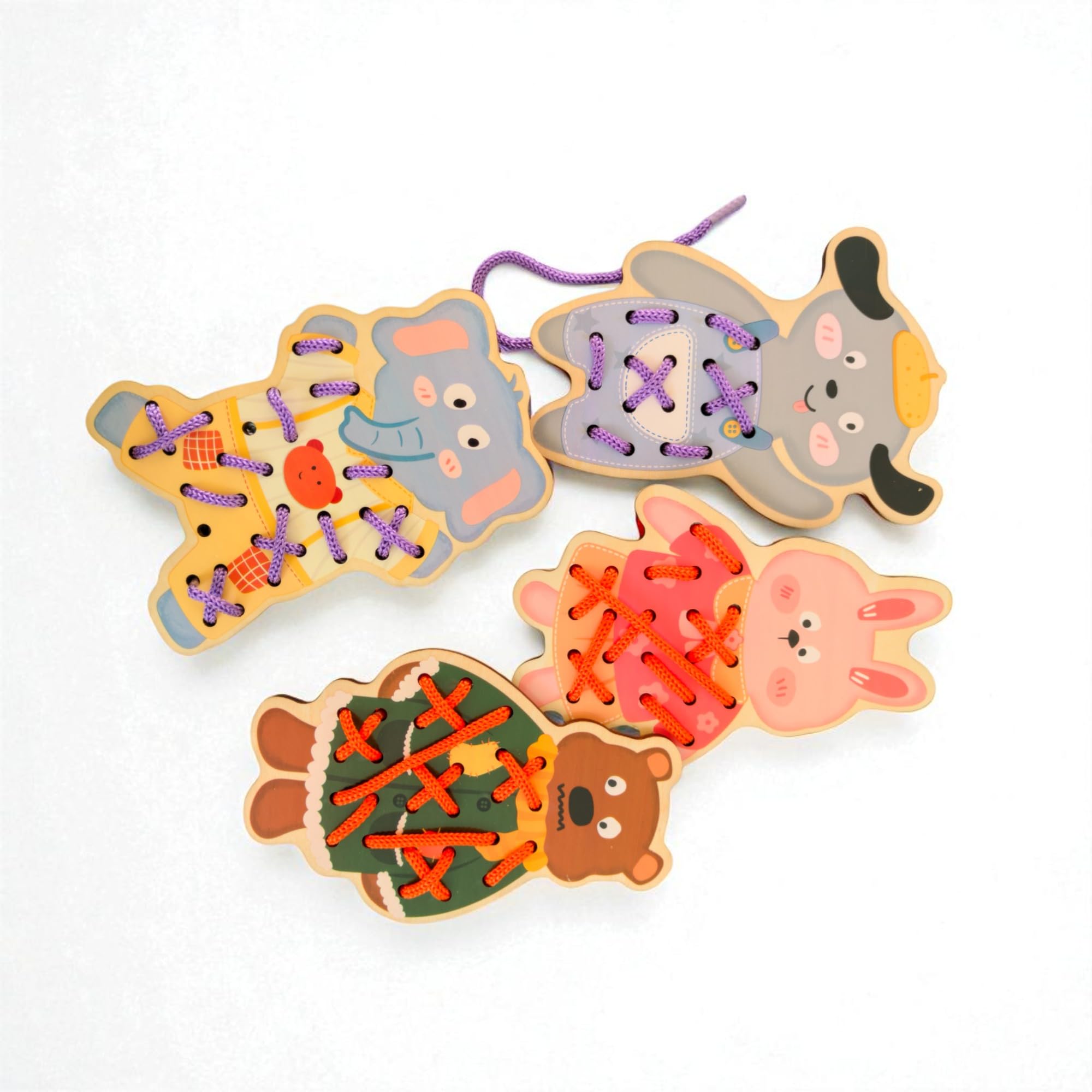 Wooden Animal Lacing Toys for Kids, Educational Threading Game Set with Dog, Bunny, Elephant and Bear, Fine Motor Skills Development 4
