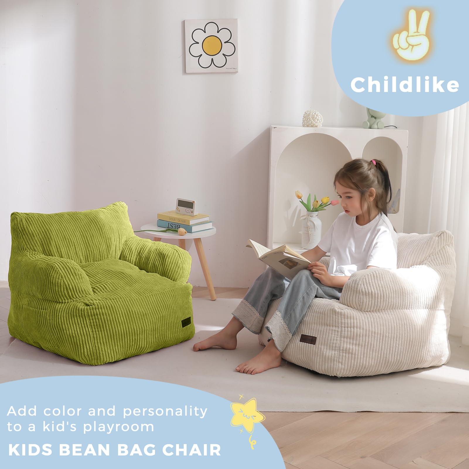 MAXYOYO Sitzsack Kinder Cord mit Füllung, Sitzsäcke Mädchen Jungen, Bodenstuhl mit Tasche, Bean Bag Sofa für Schlafzimmer