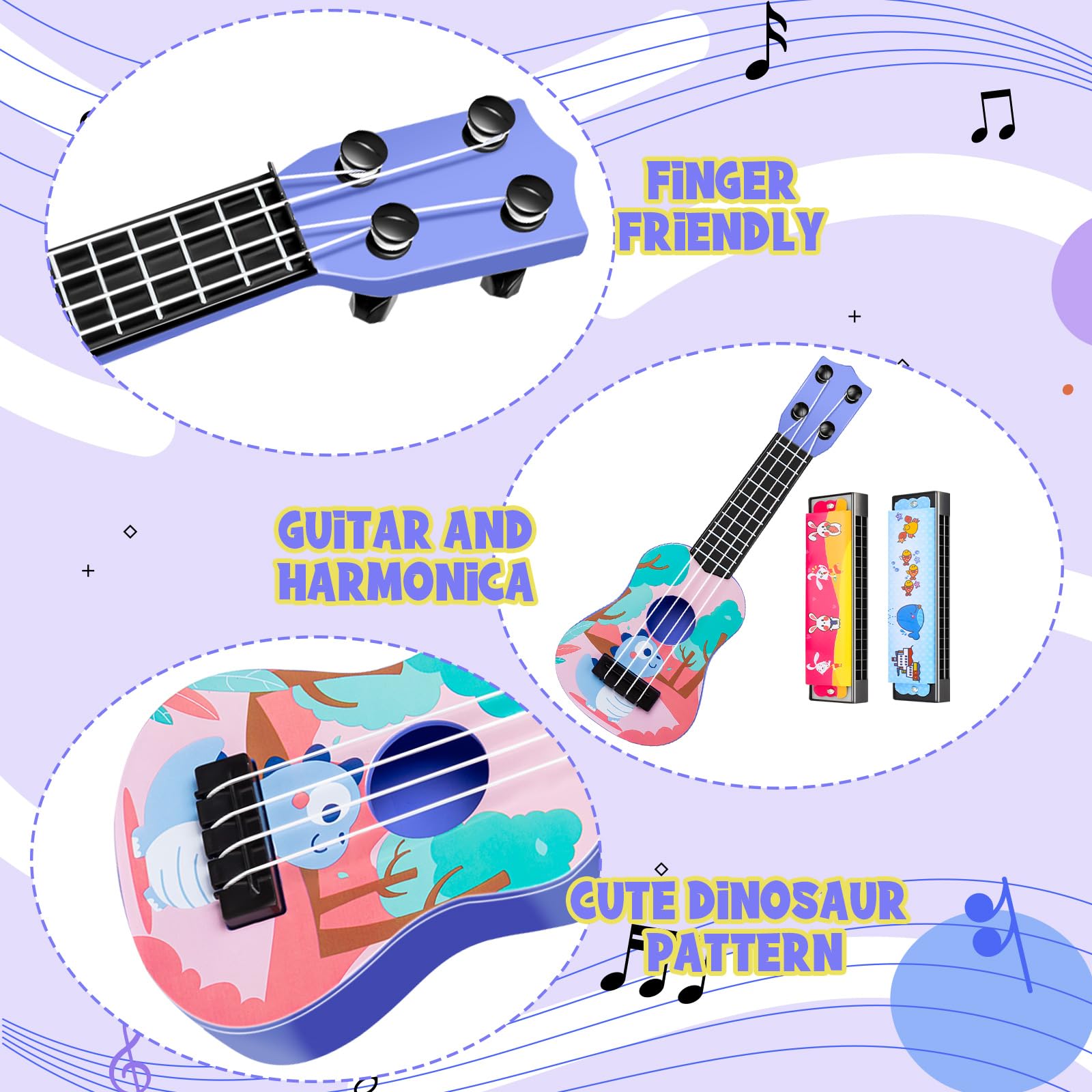 Mini guitarra de juguete musical de 10 pulgadas, ukelele clásico para niños pequeños con 2 mini armónica extra, 16 agujeros y 2 recuerdos de fiesta para niños (dinosaurio) 3