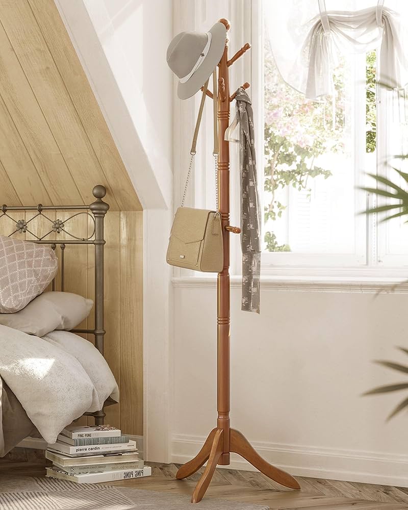 VASAGLE Coat Rack Free Standing, Wooden Hall Tree Coat Hat Tree
