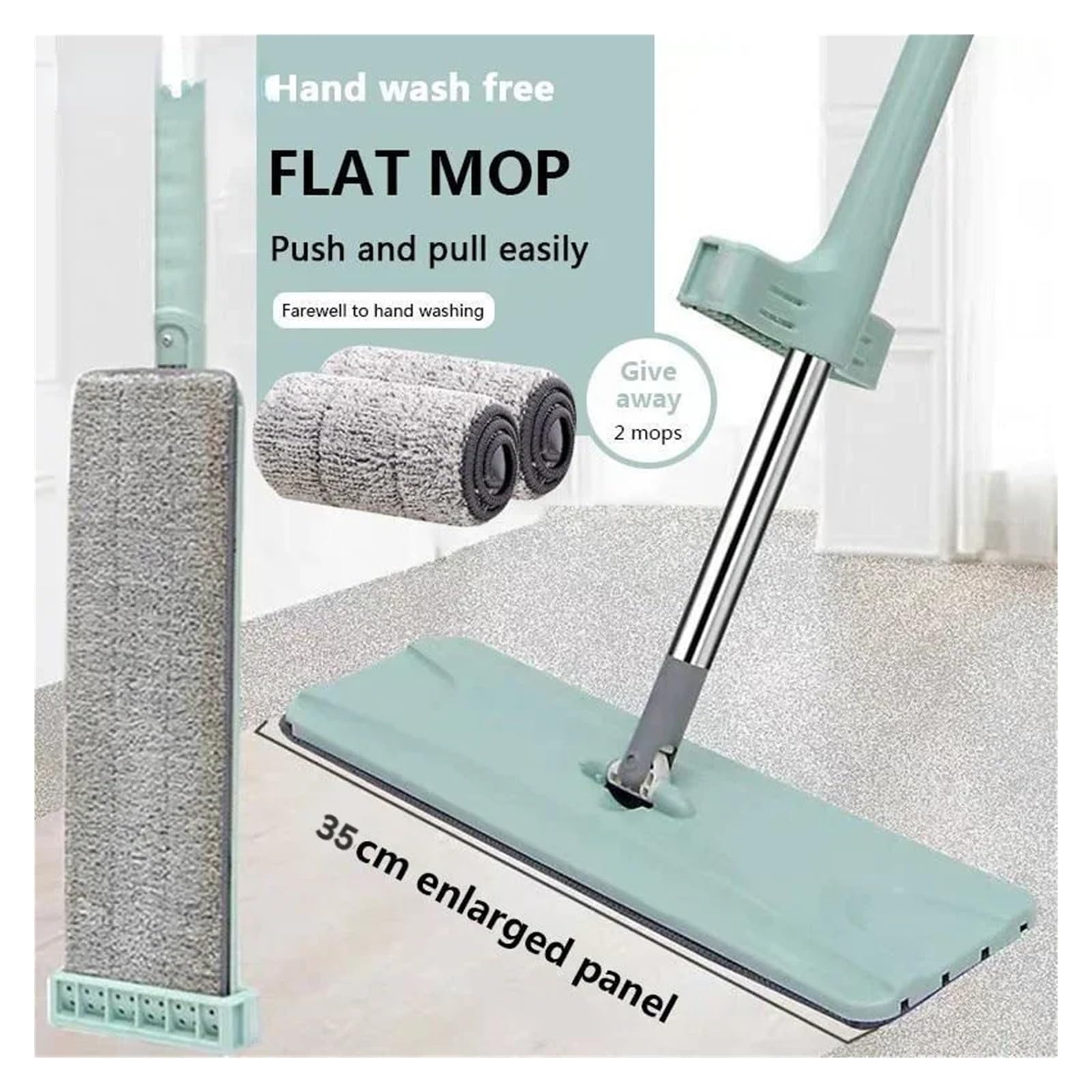 Trapeador Plano con Mango de Acero y Giro de 360°, de Microfibra, for Limpieza en seco y húmedo de cocinas, Manos Libres, for Limpieza de Pisos.
