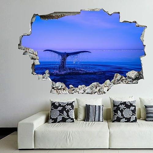 Miniatura 1 de Calcomanía de pared de cola de ballena azul marino marino con diseño de paisaje 3D, calcomanía de PVC extraíble, divertido arte de pared, decoración