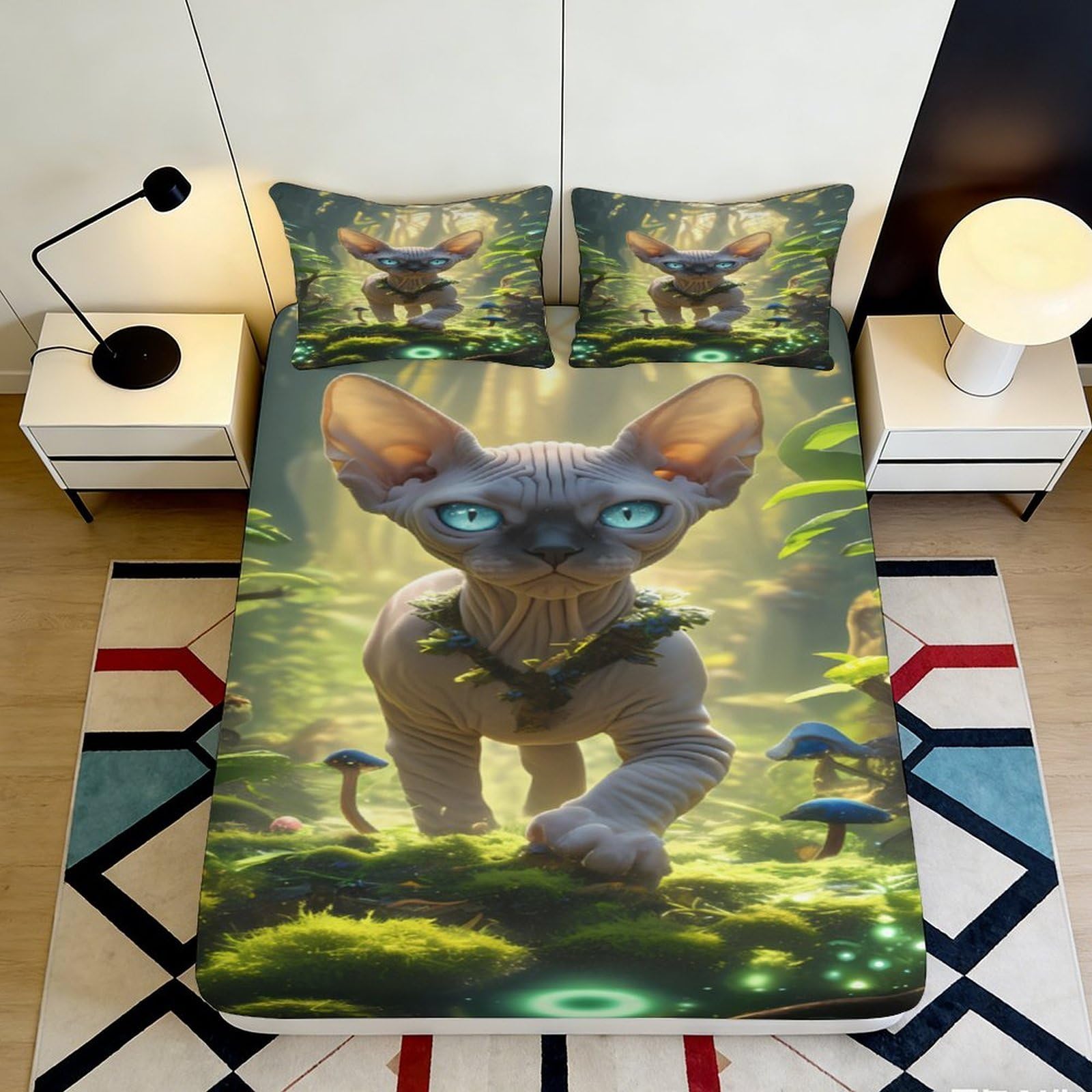 3D Printed Fantasy Sphynx Cat Fitted Sheet Microfiber Forest Mushroom Mattress Cover for Bedroom Guest Room Decor 90x200x25cm